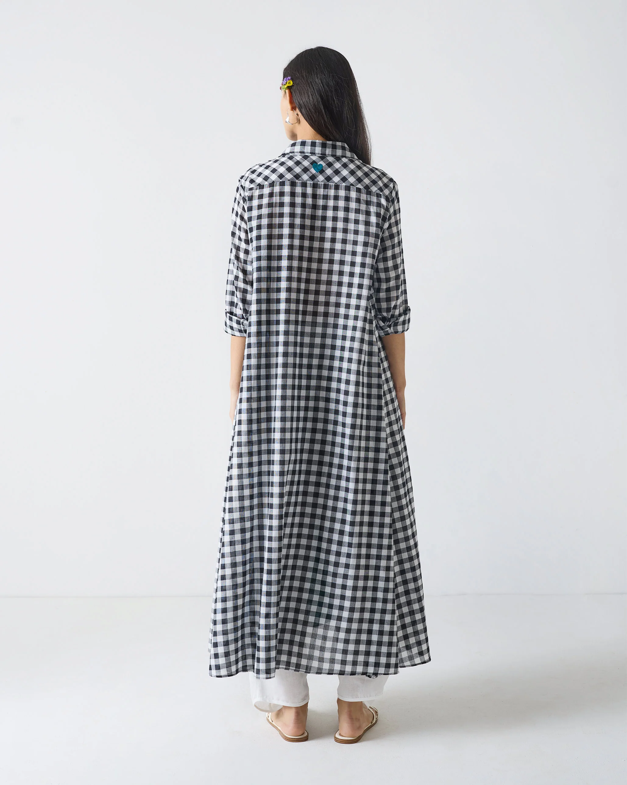 Shirt Collar Kurta - Black & White Checks - Image 4