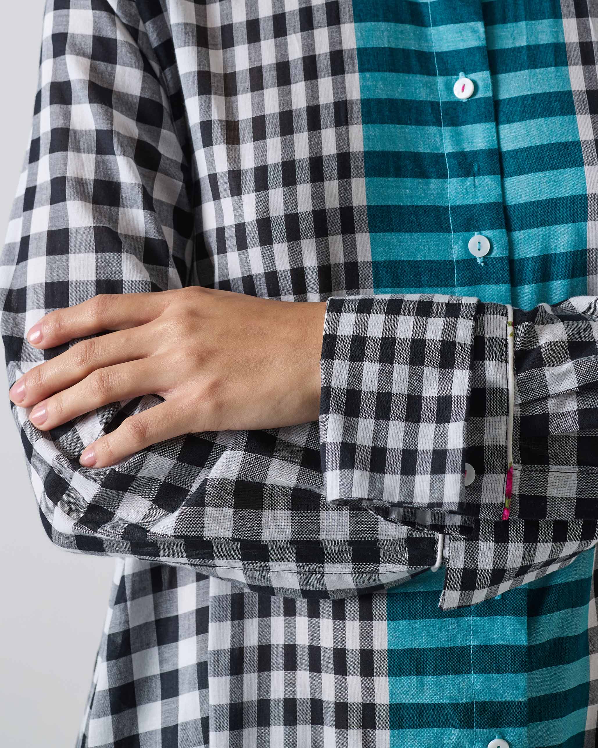 Shirt Collar Kurta - Black & White Checks - Image 5