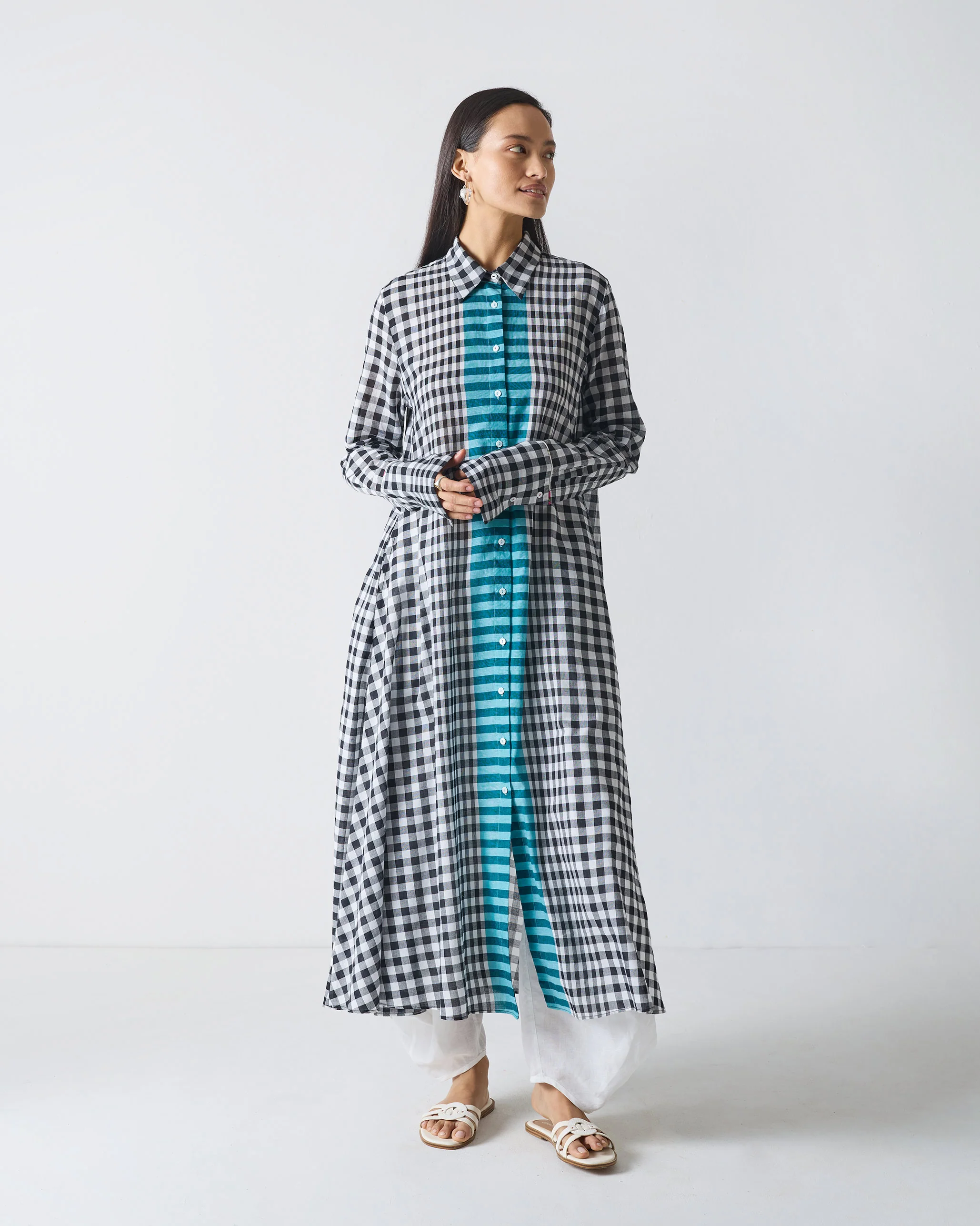 Shirt Collar Kurta - Black & White Checks - Image 7