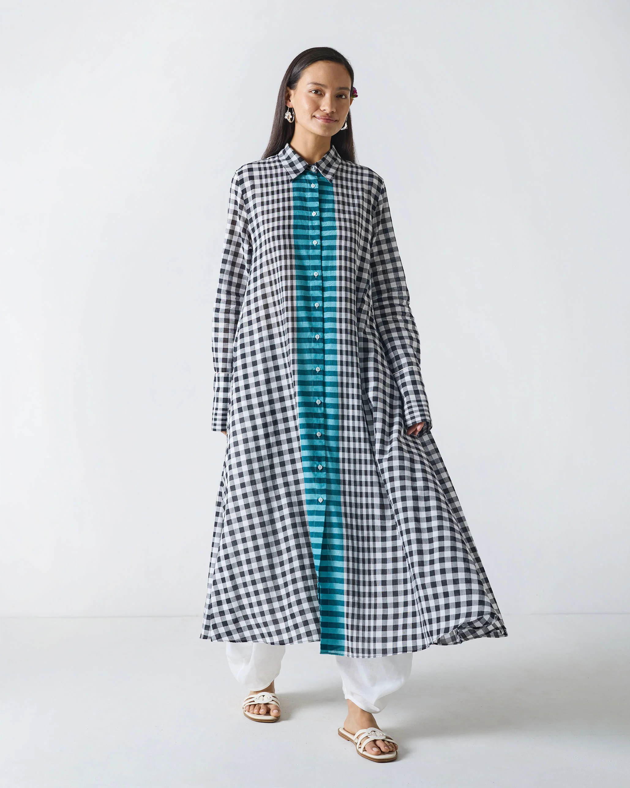 Shirt Collar Kurta - Black & White Checks - Image 8