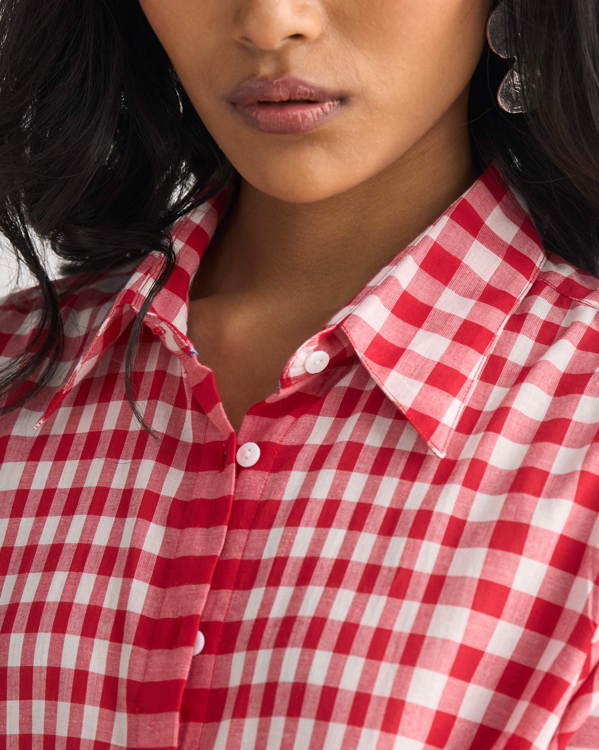 Shirt Collar Kurta - Red & White - Image 3