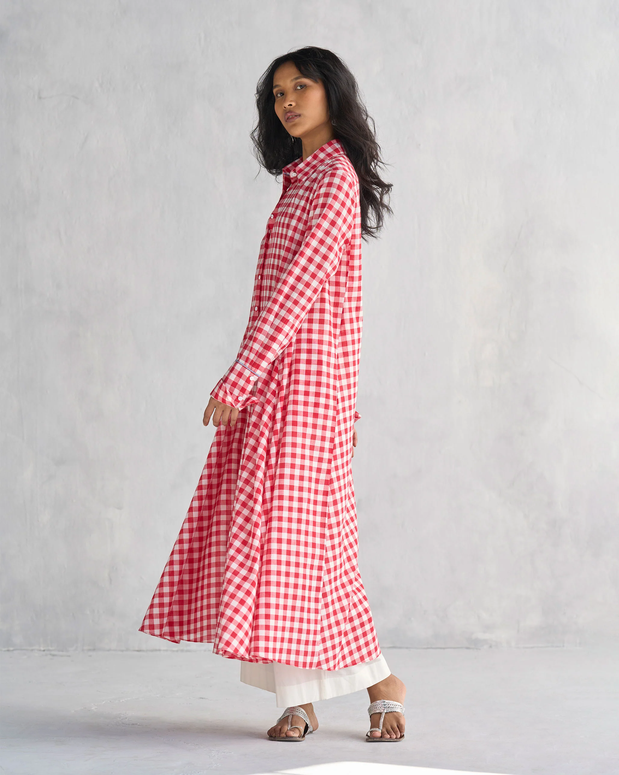 Shirt Collar Kurta - Red & White - Image 5