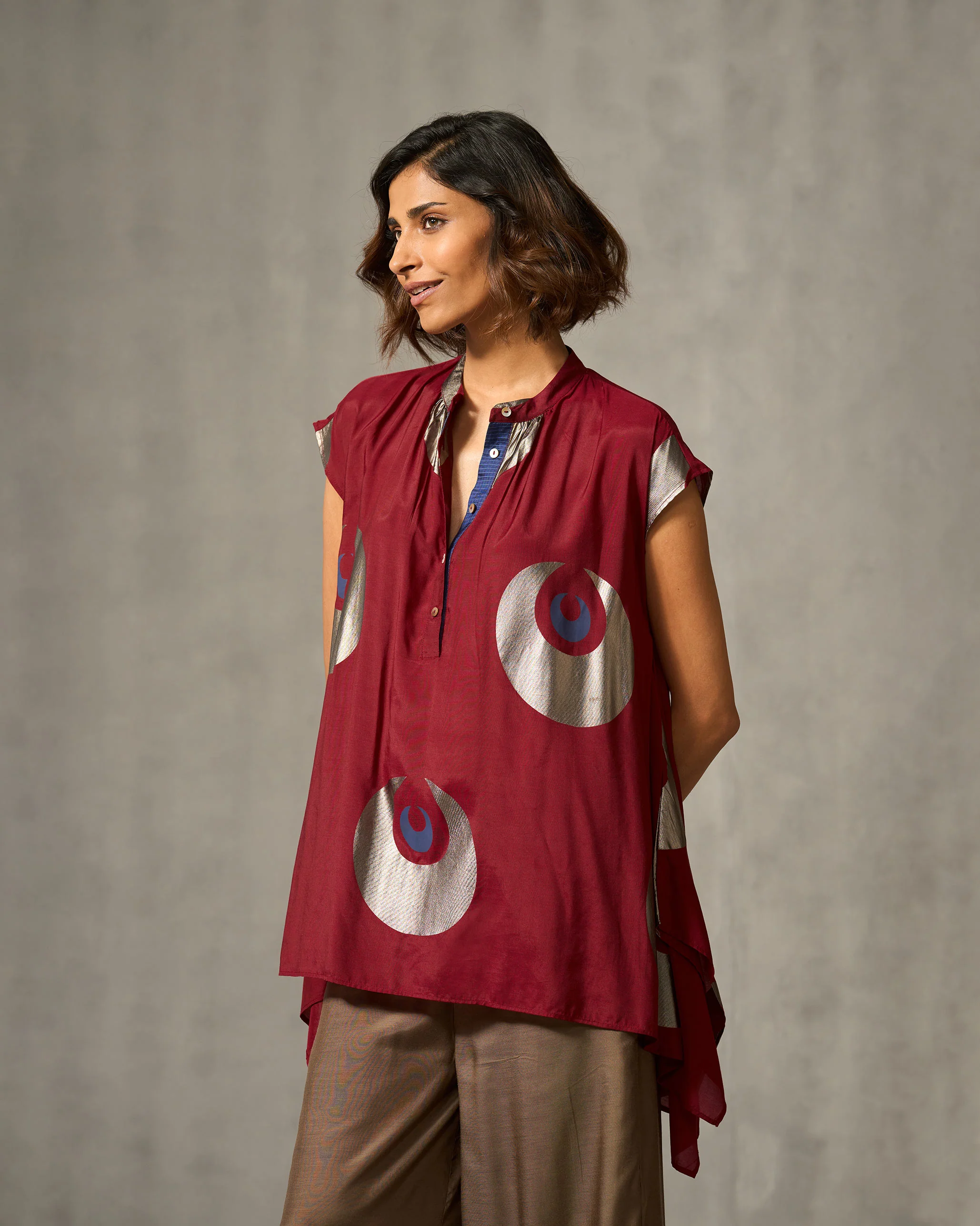 Shukran Asymmetrical Top - Red & Navy Print - Image 3