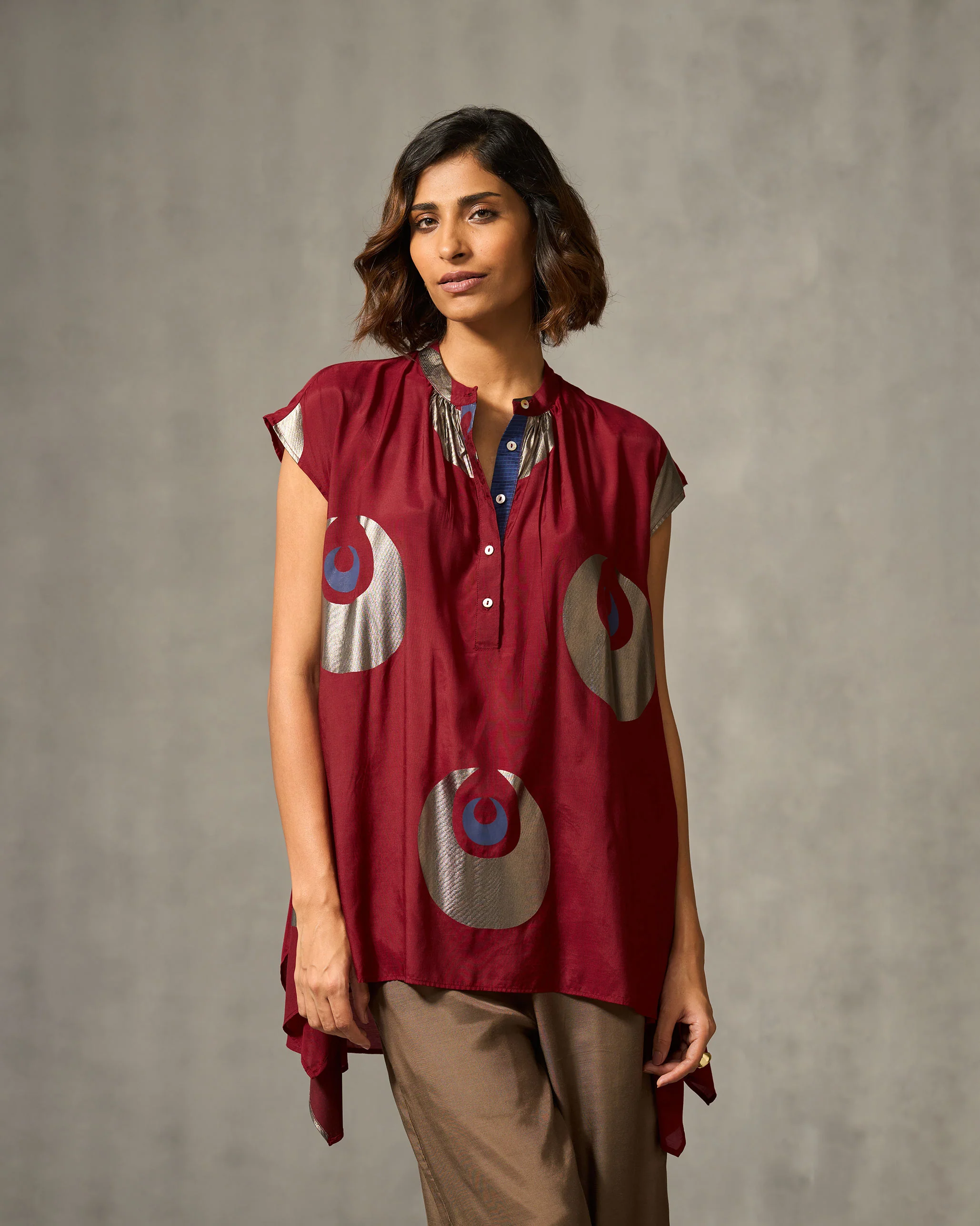 Shukran Asymmetrical Top - Red & Navy Print - Image 5