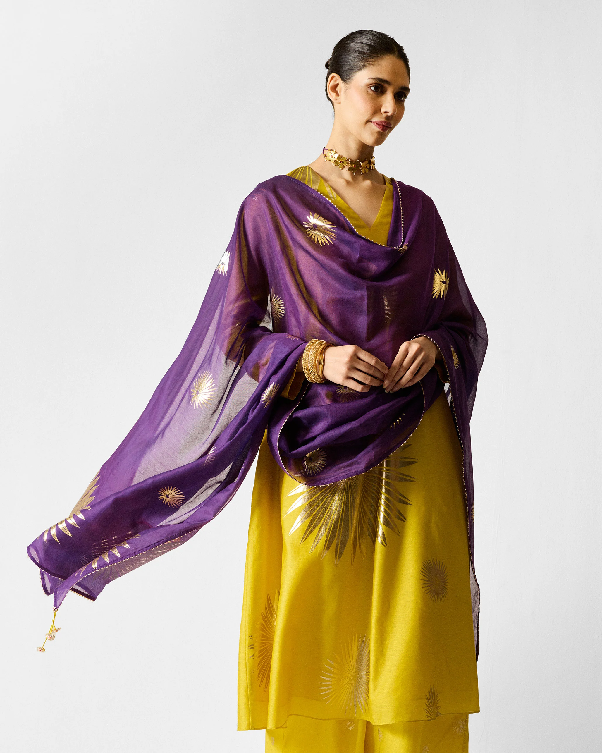 Sia Dupatta - Purple & Gold Printed - Image 3