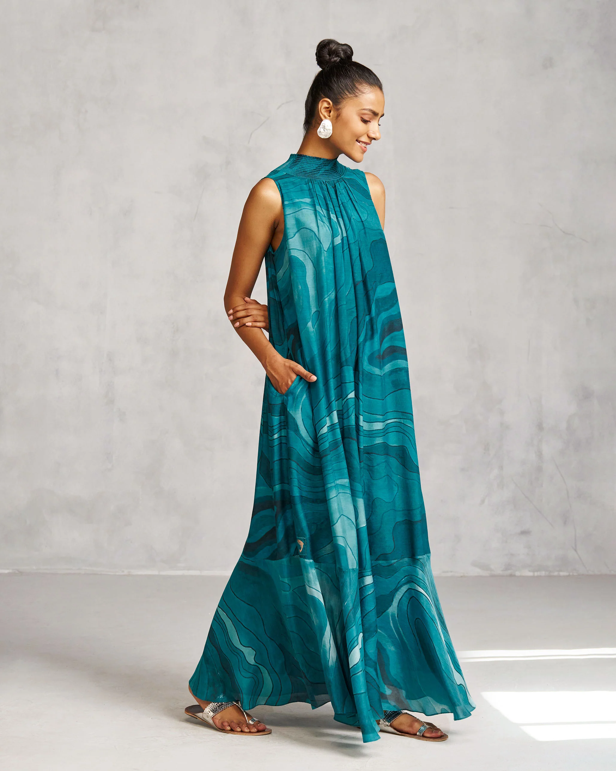 Smocked Neck Dress - Teal Tssxnb - Image 5