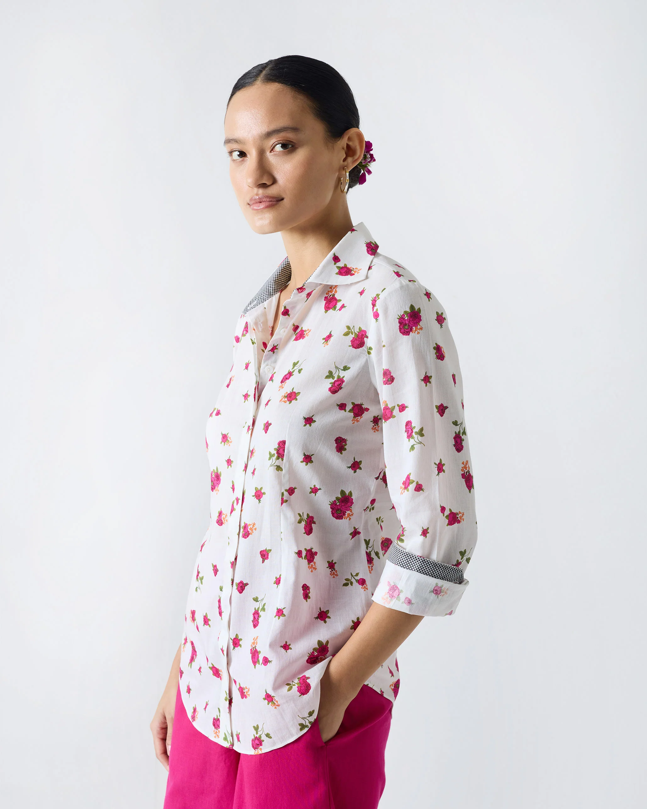 Spring Fitted Shirt - White & Fuchsia Print - Image 2