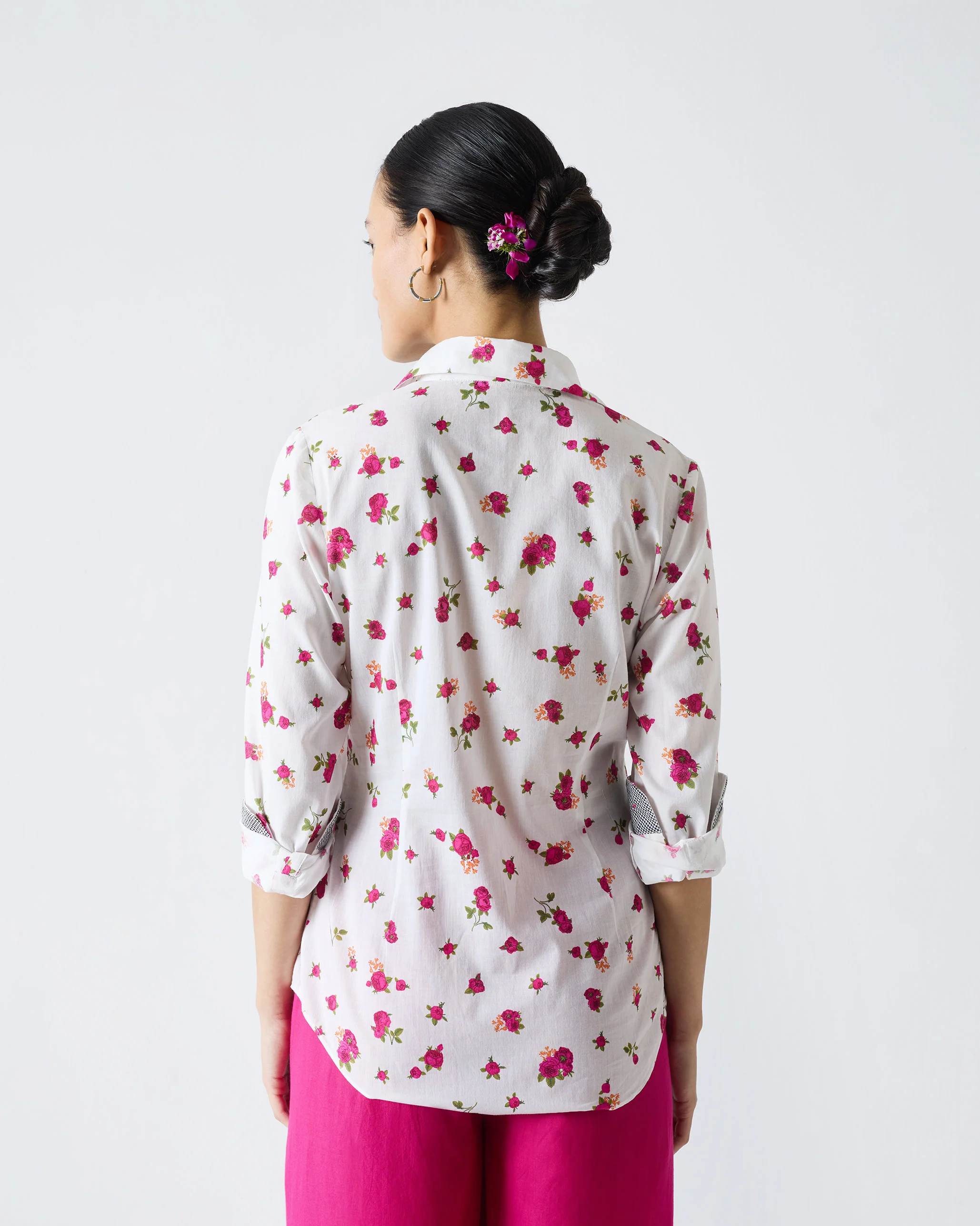 Spring Fitted Shirt - White & Fuchsia Print - Image 3