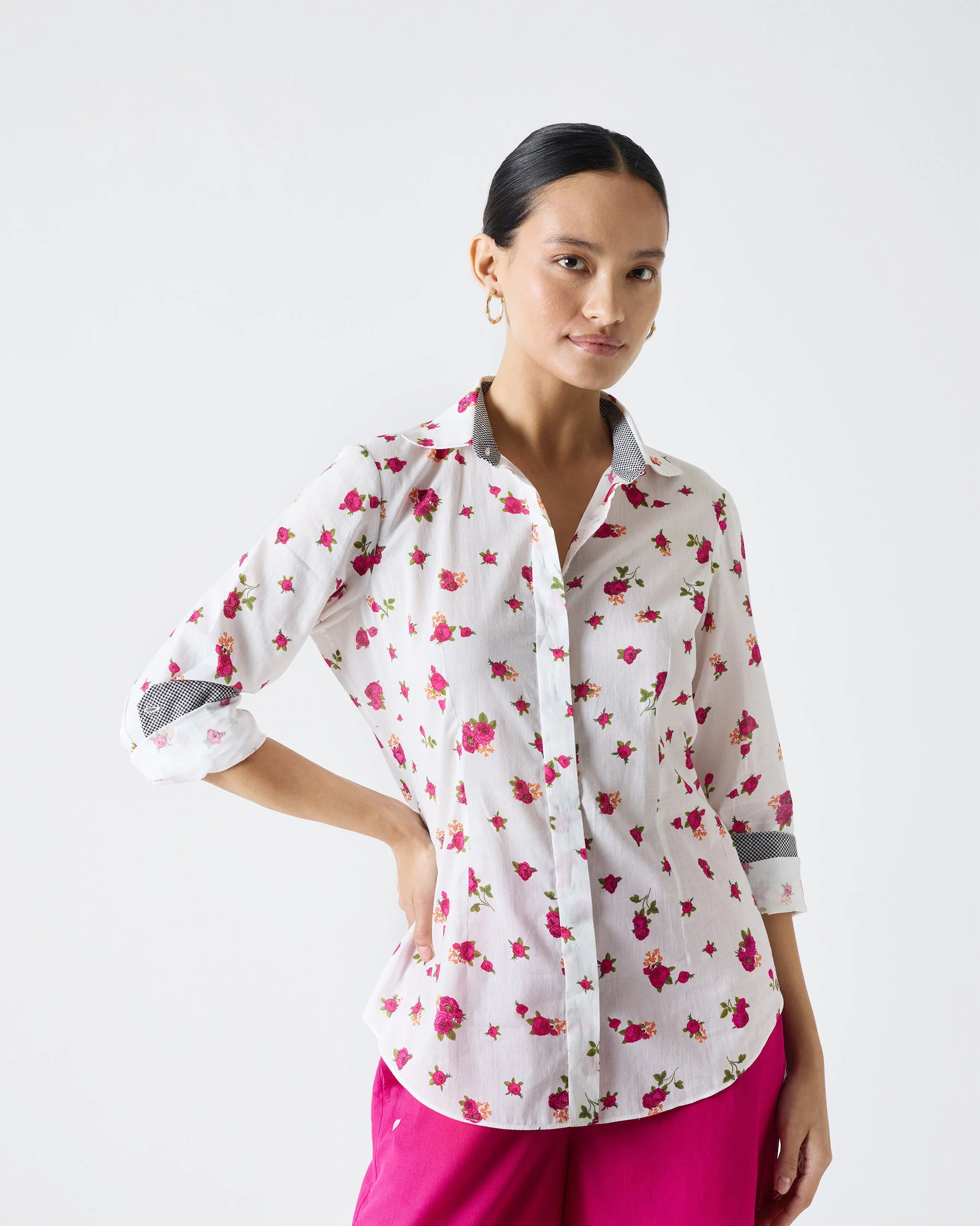 Spring Fitted Shirt - White & Fuchsia Print - Image 4