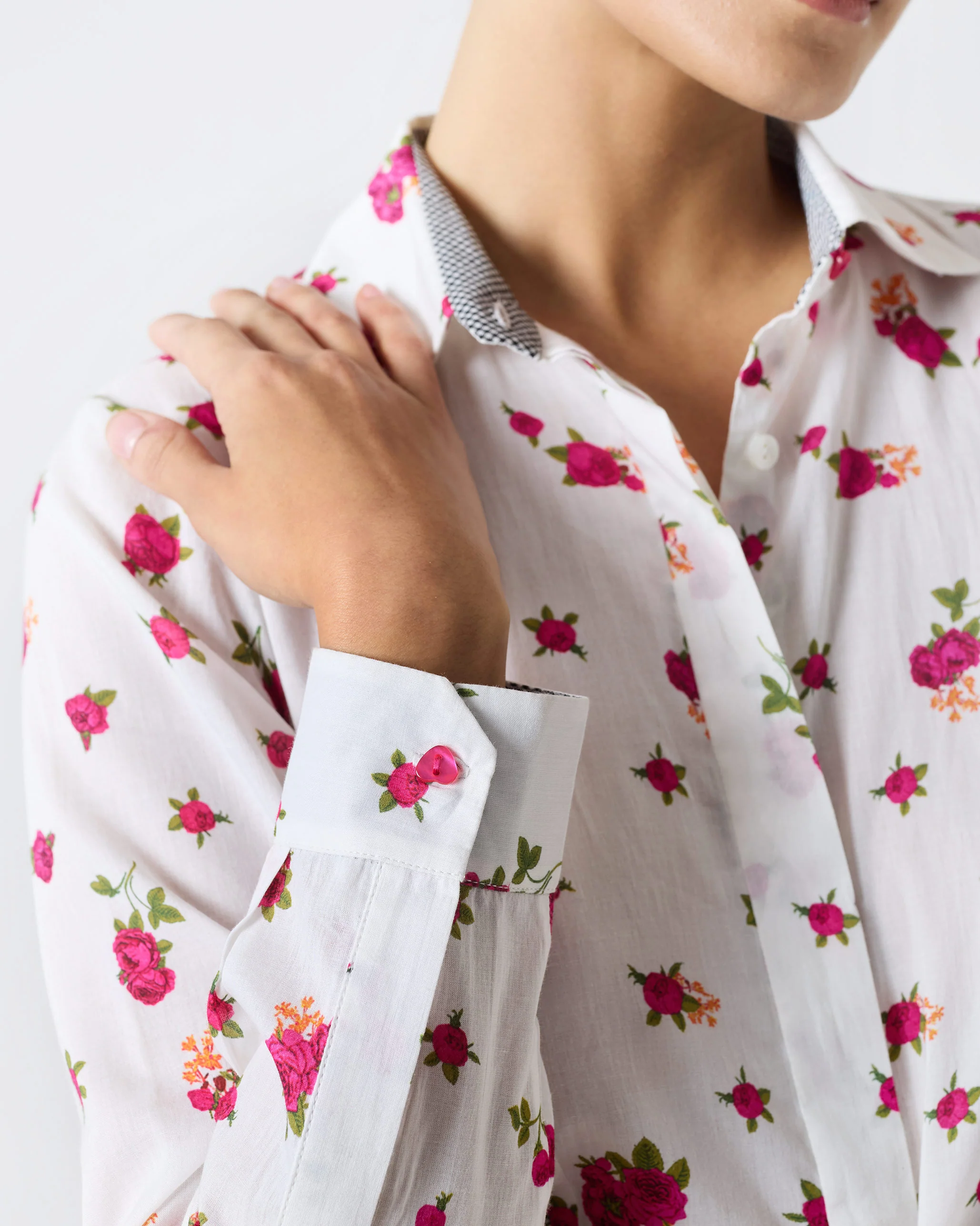 Spring Fitted Shirt - White & Fuchsia Print - Image 5