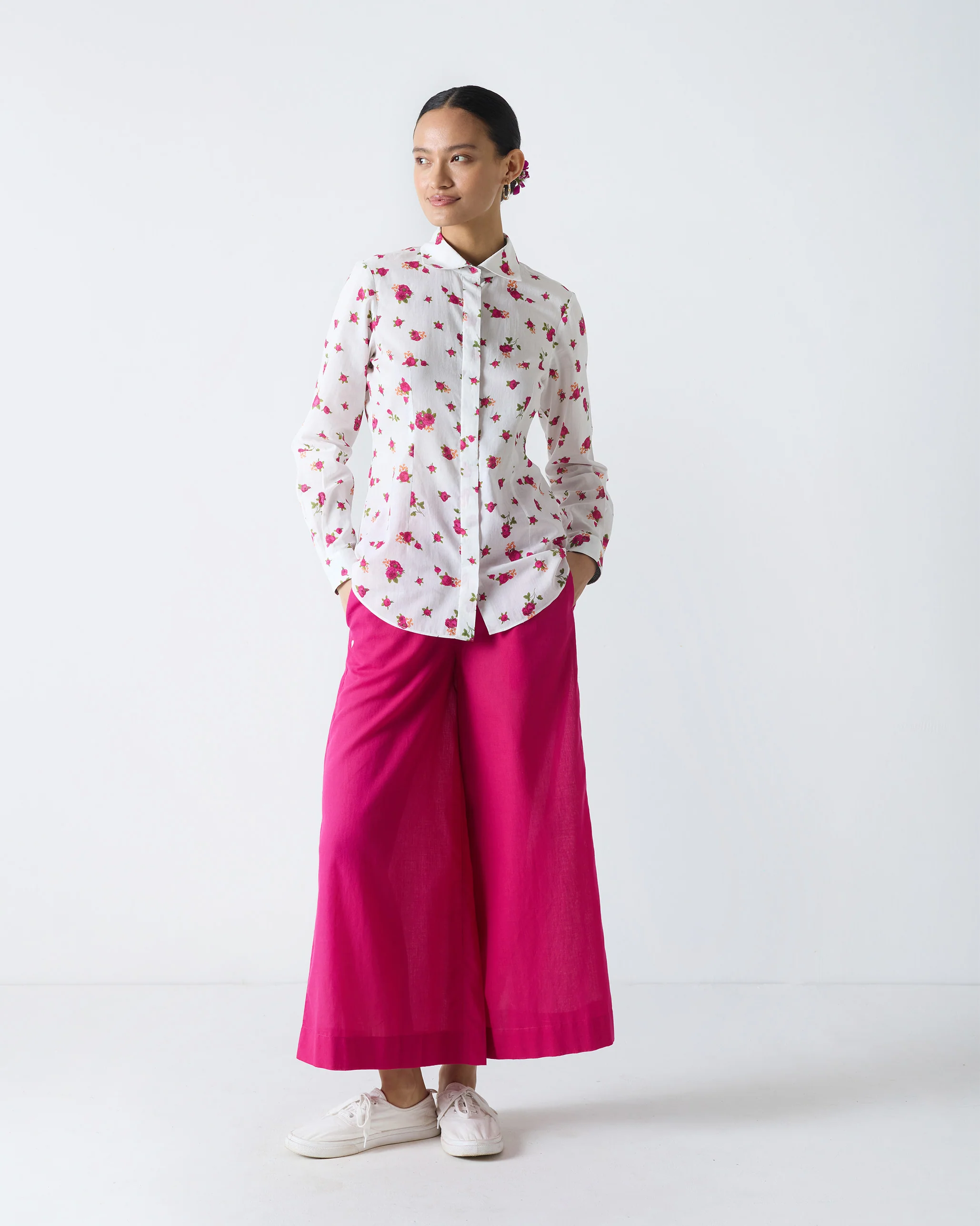 Spring Fitted Shirt - White & Fuchsia Print - Image 6