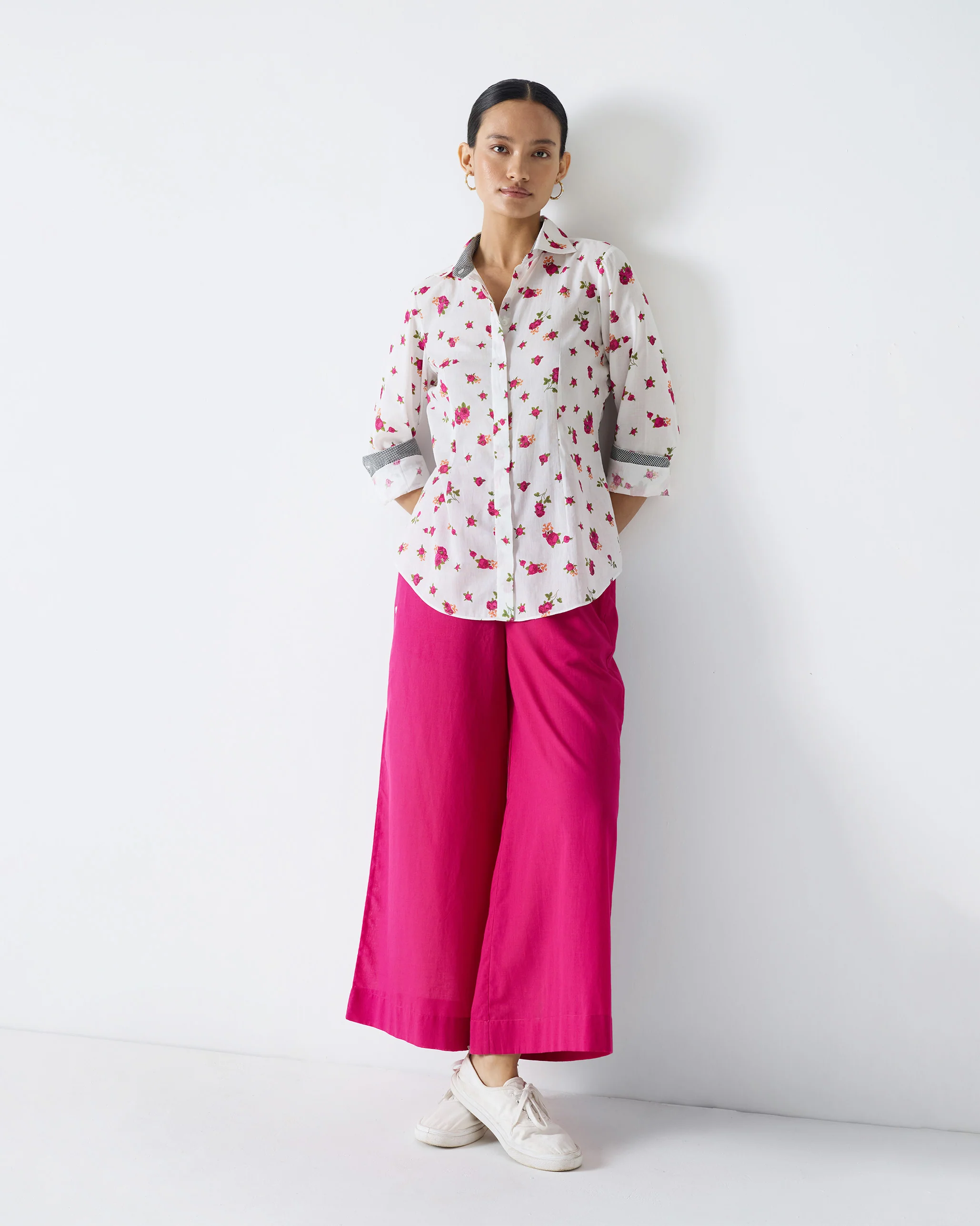 Spring Fitted Shirt - White & Fuchsia Print - Image 7