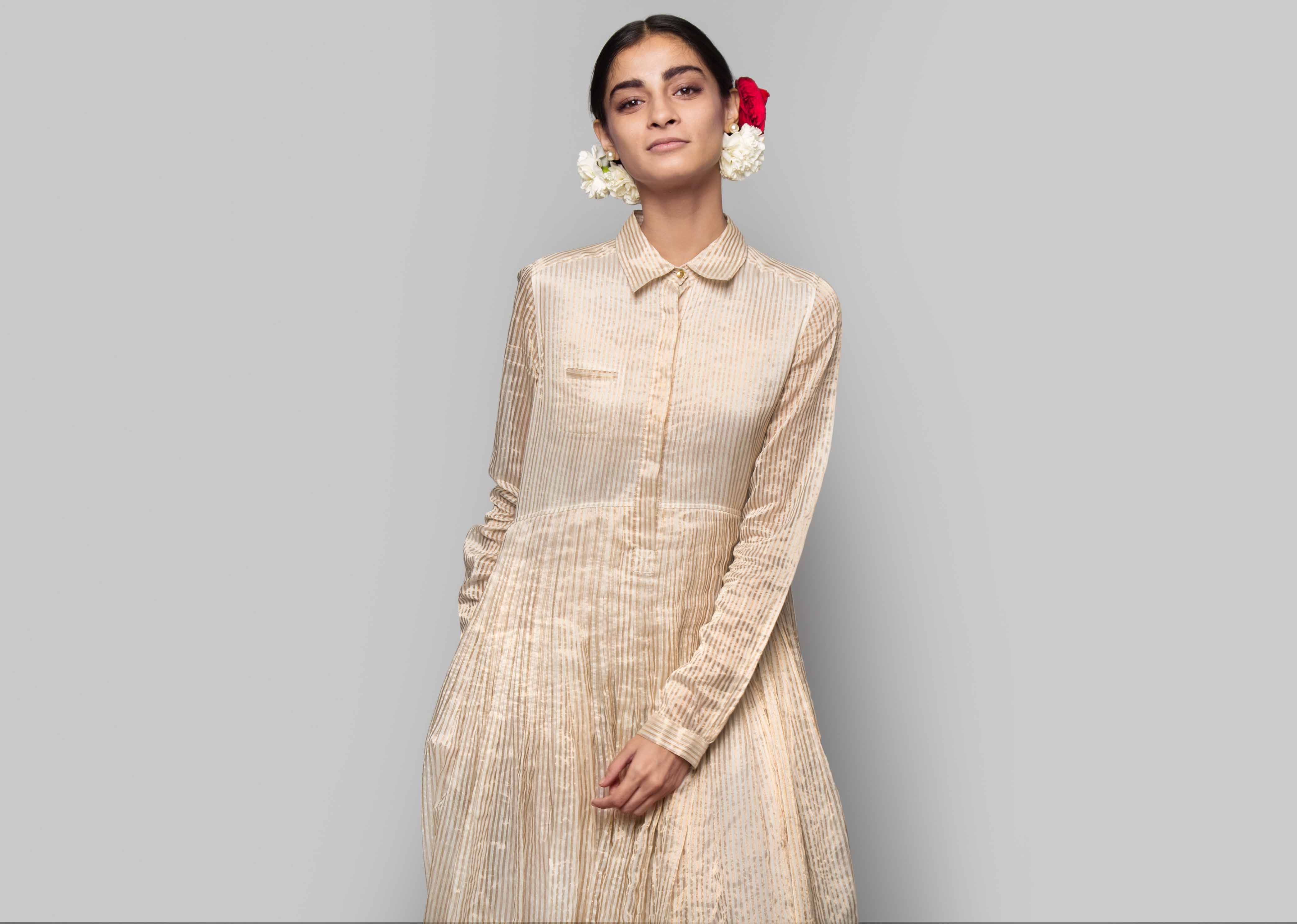 Stella Chanderi Dress - Ivory & Gold - Image 3