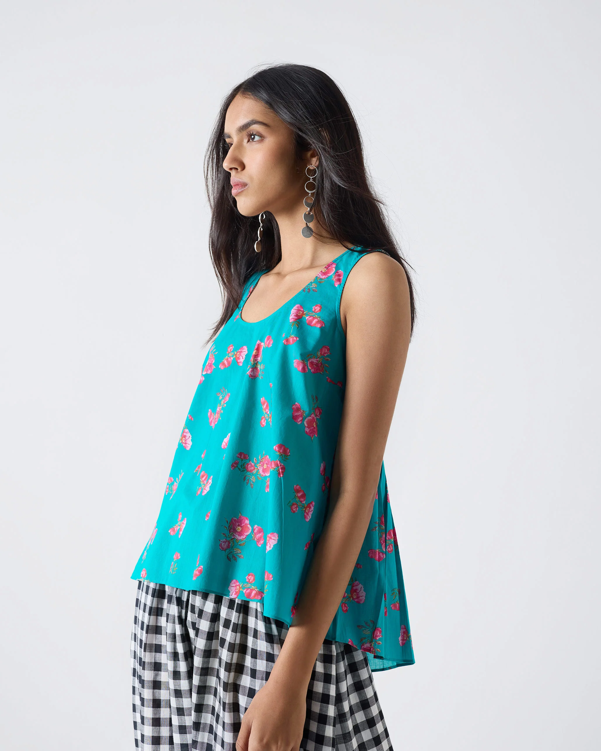 Strappy Back Gathered Top - Teal & Fuchsia Print - Image 3