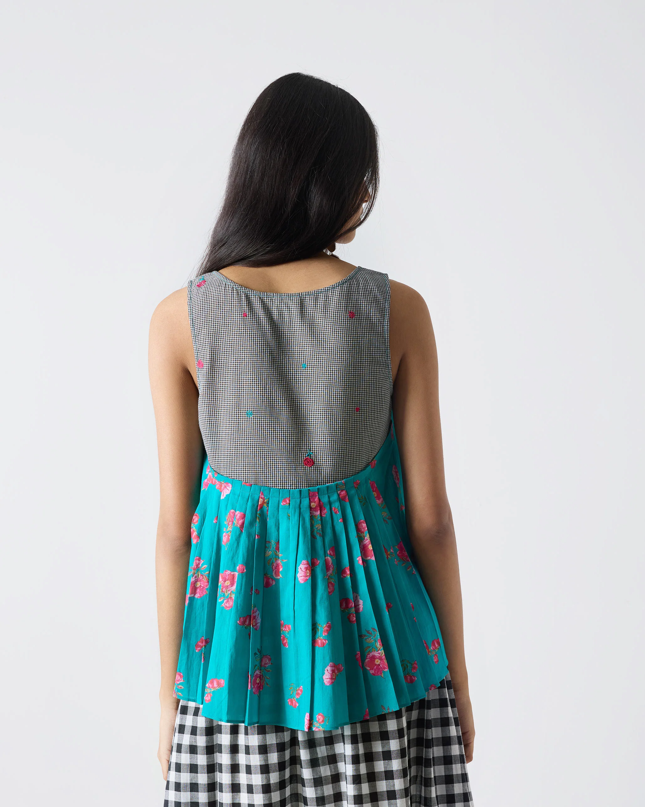 Strappy Back Gathered Top - Teal & Fuchsia Print - Image 4