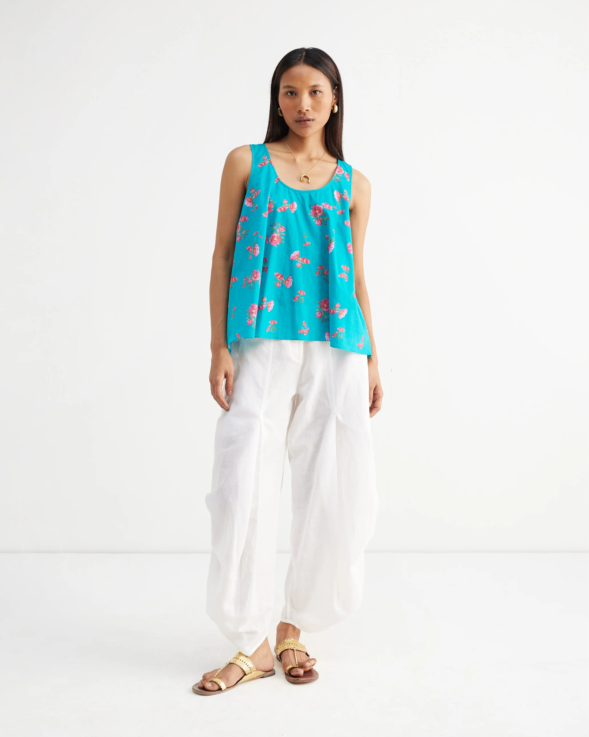 Strappy Back Gathered Top - Teal & Fuchsia Print - Image 6