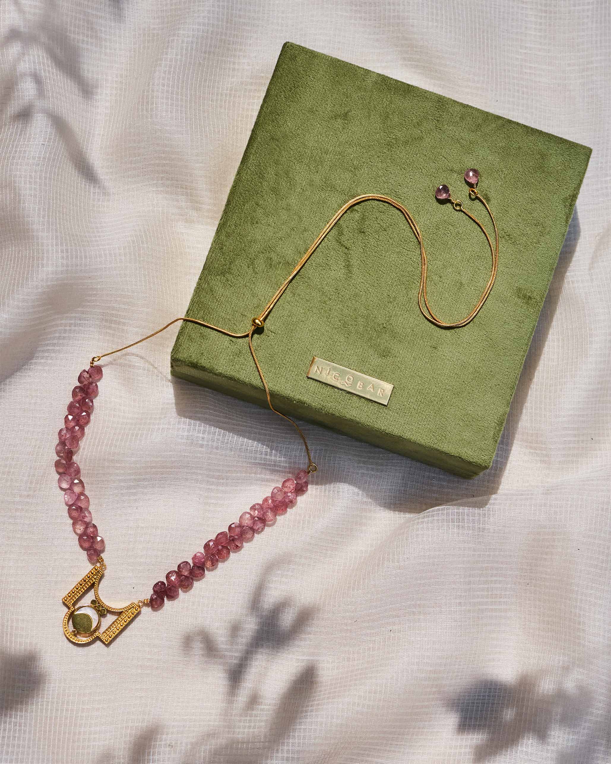 Strawberry Quartz Moon Necklace - Gold - Image 2