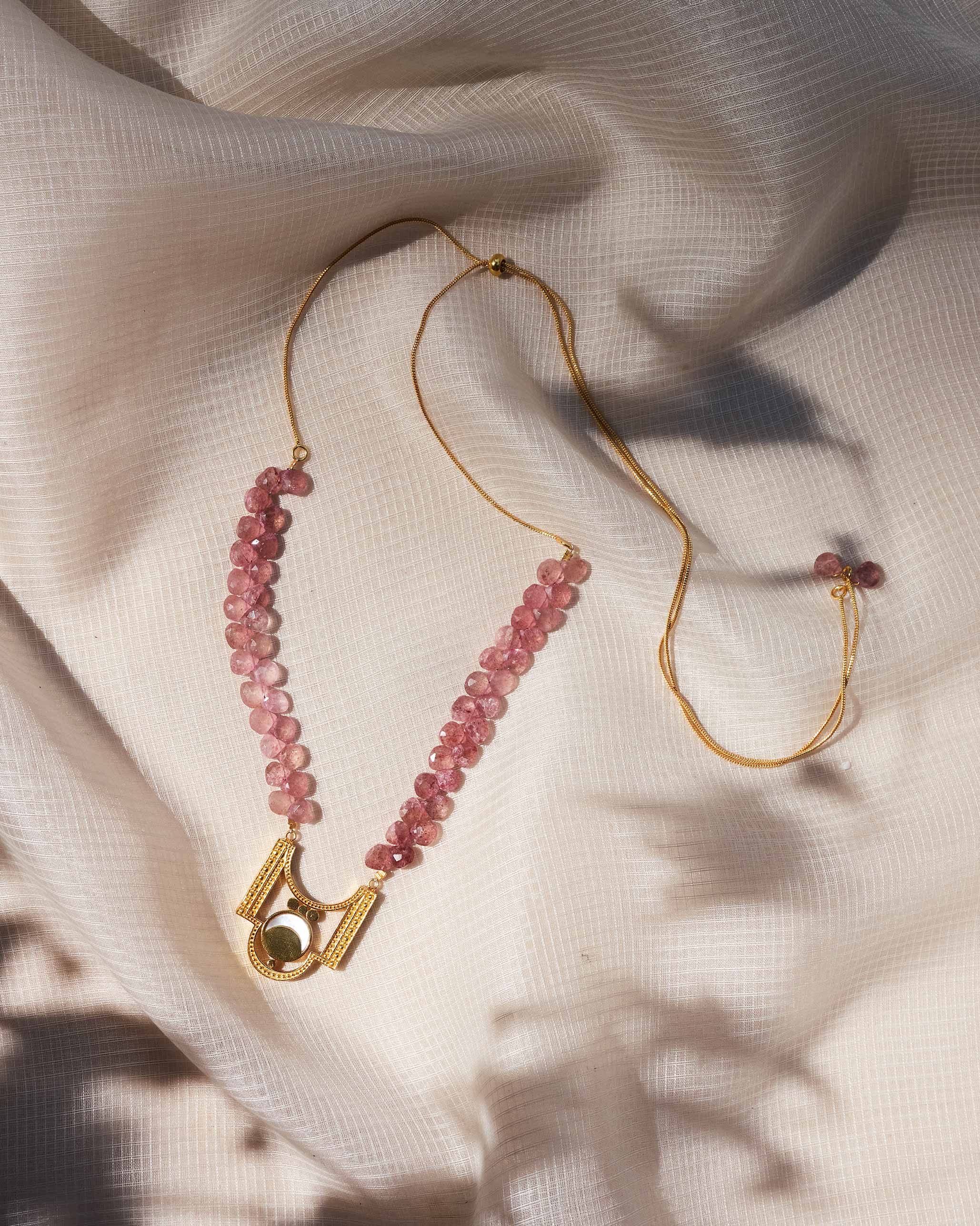 Strawberry Quartz Moon Necklace - Gold - Image 4