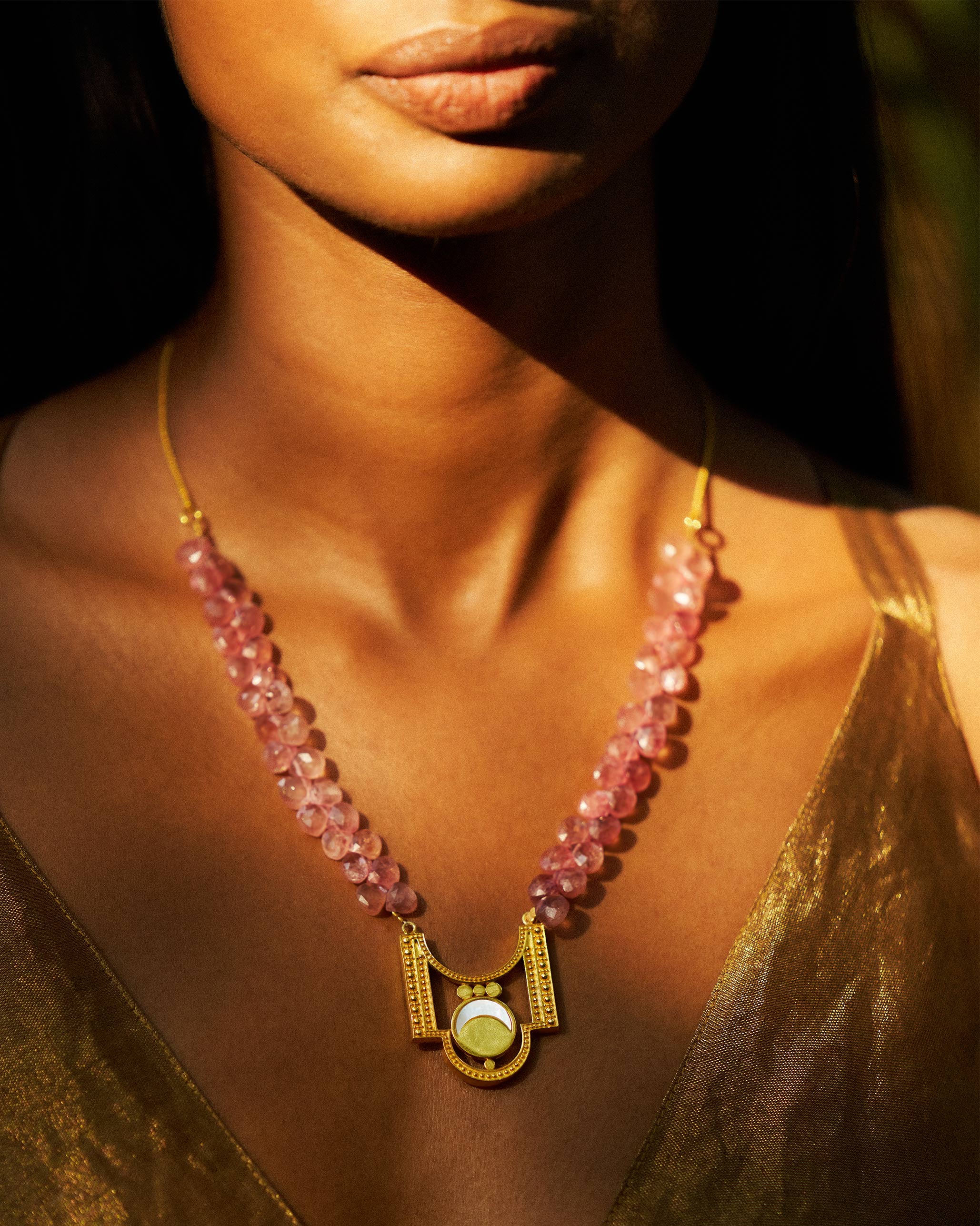 Strawberry Quartz Moon Necklace - Gold - Image 5