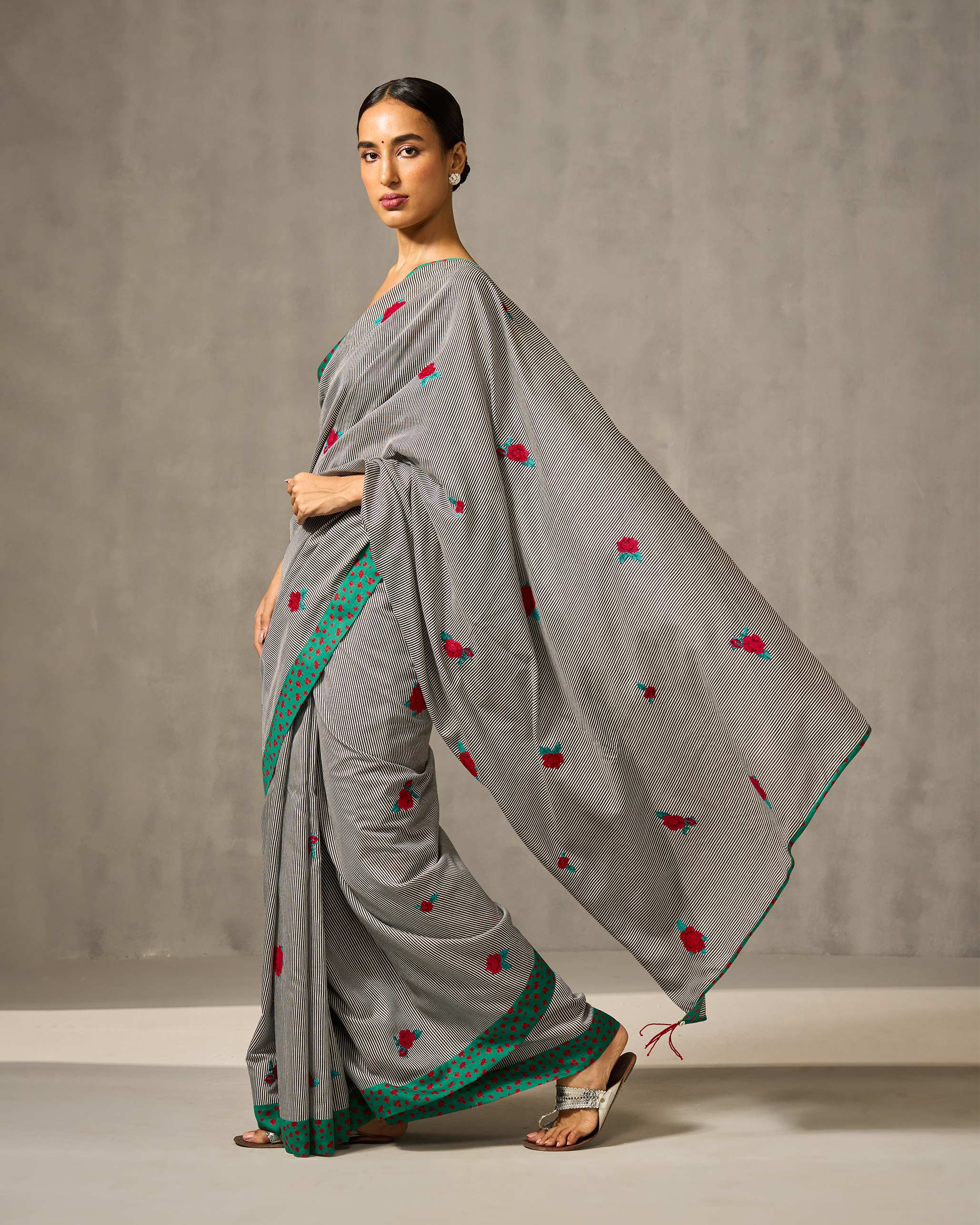 Striped Rose Sari - Black & Ivory Embroidered - Image 2