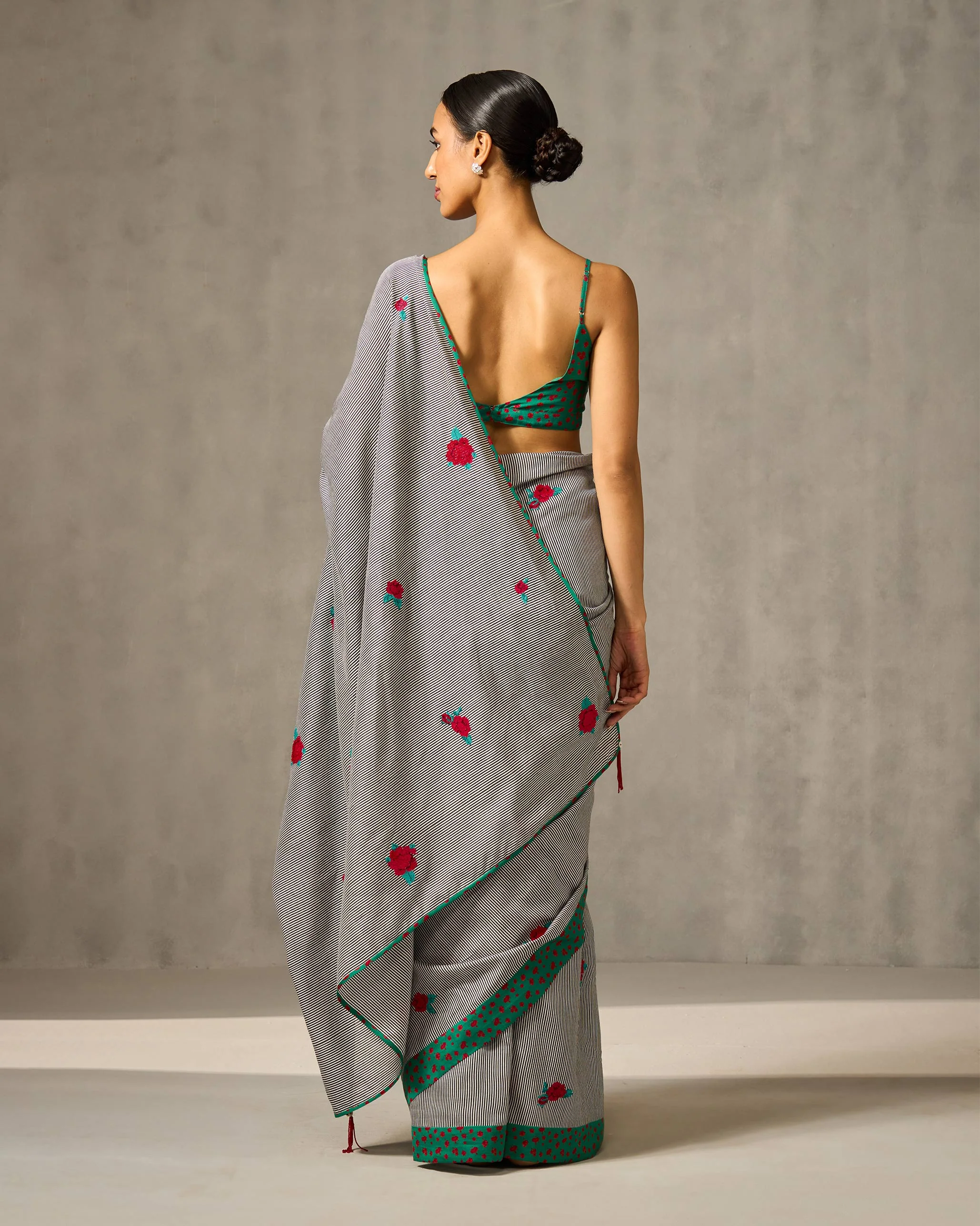 Striped Rose Sari - Black & Ivory Embroidered - Image 4