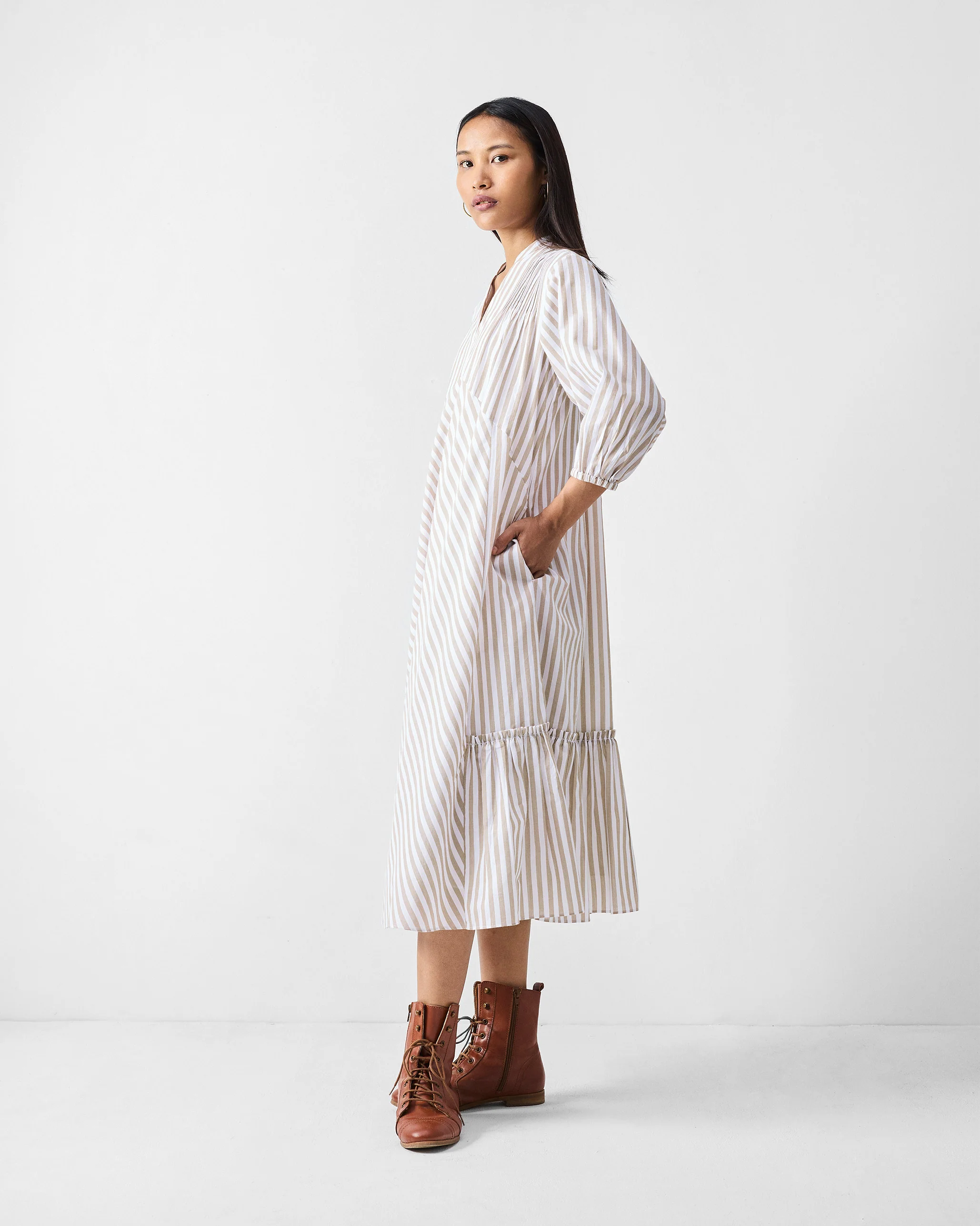 Summer Tea Dress - Khaki & White Stripes - Image 3