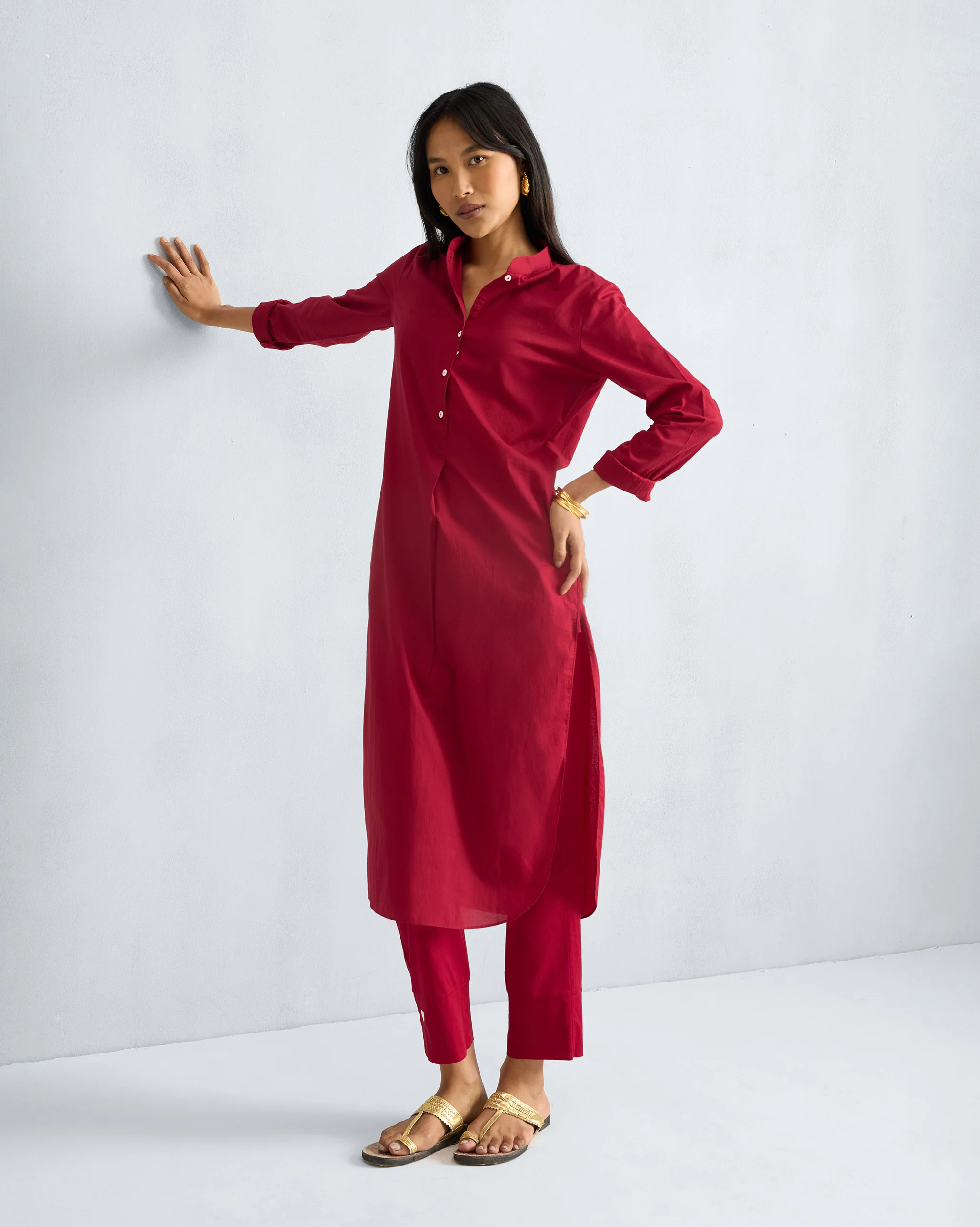 The Basic Long Kurta Set - Red - Image 3