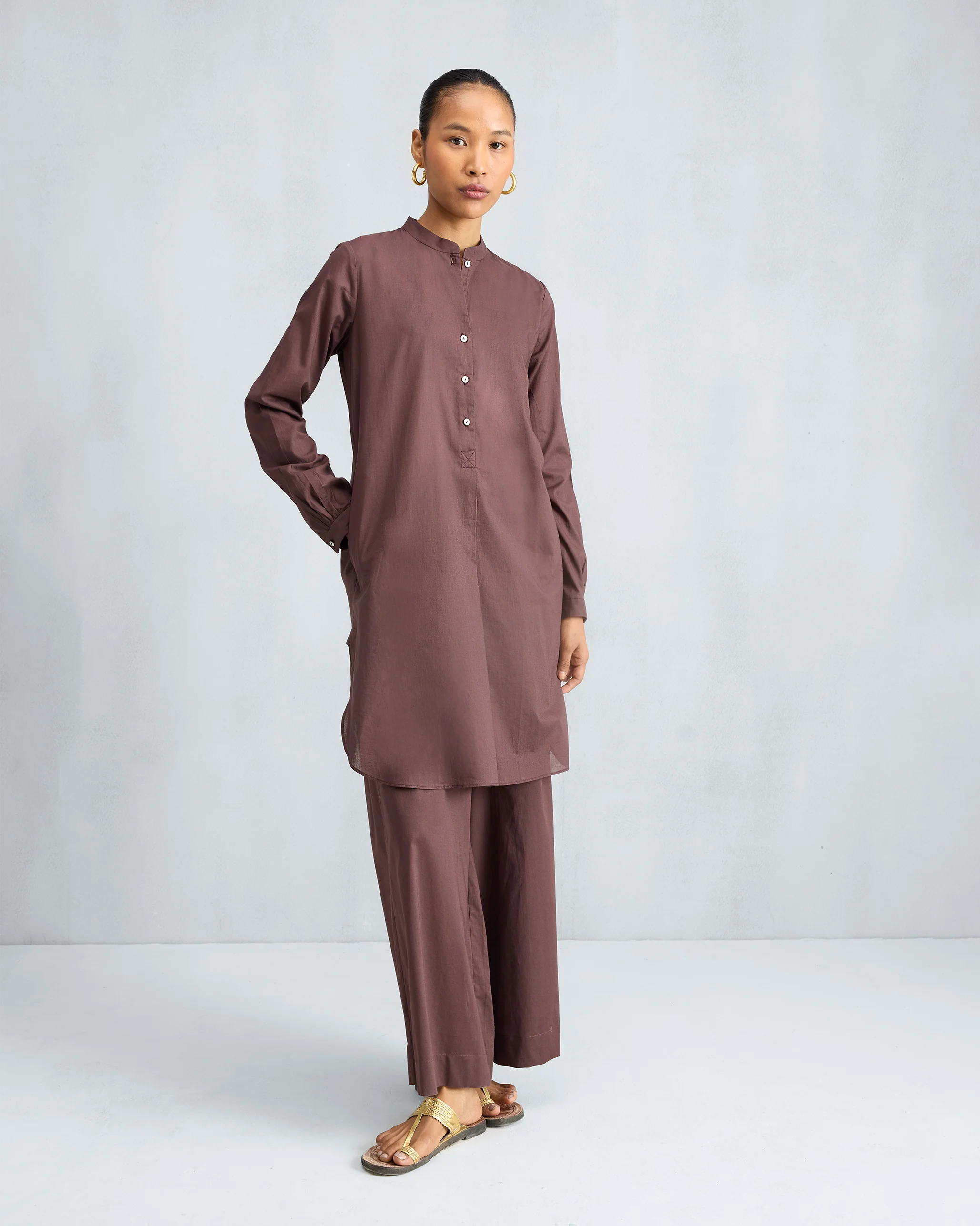 The Basic Mid Length Kurta Set - Chocolate Plum - Image 2