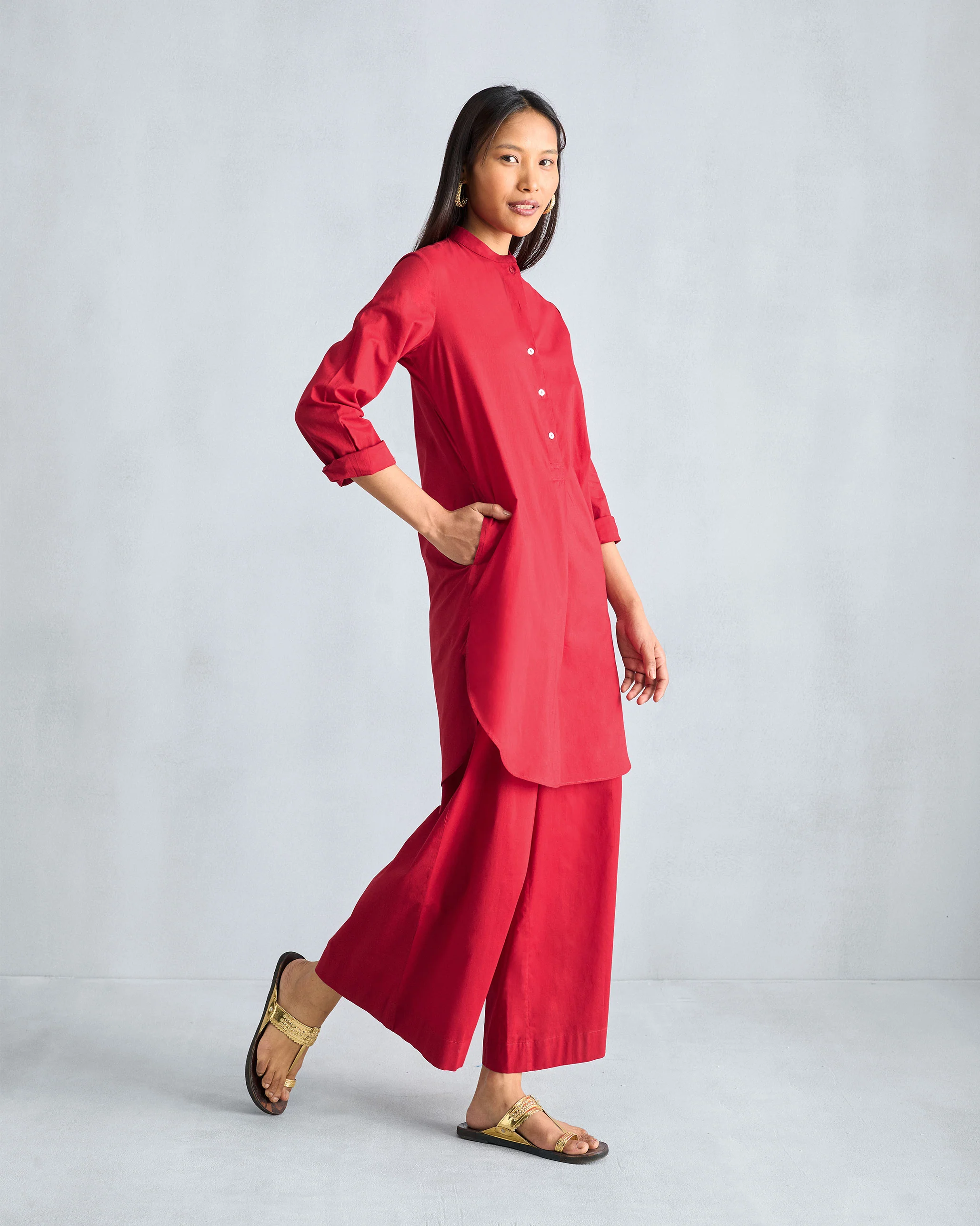 The Basic Mid Length Kurta  Set - Red - Image 3