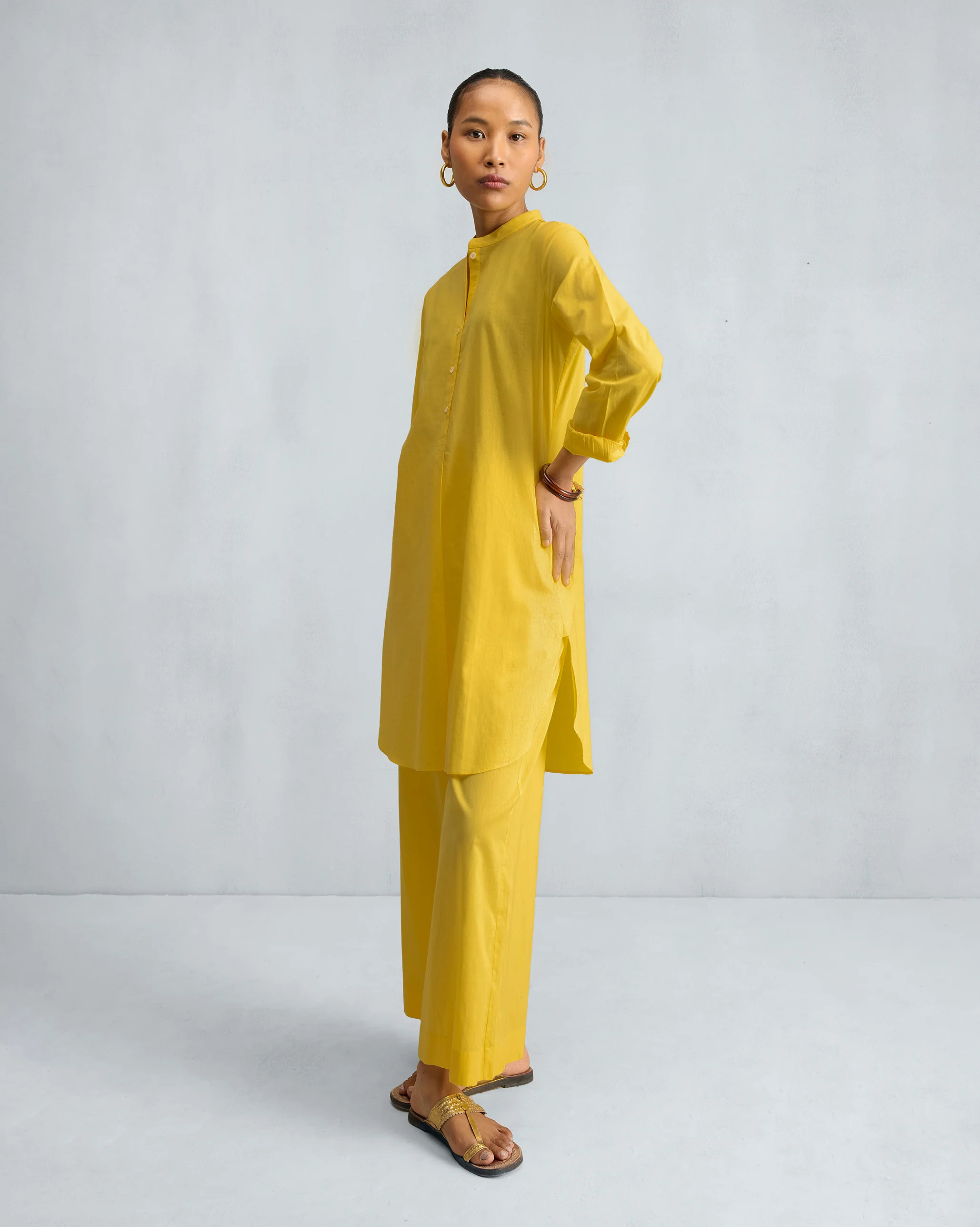 The Basic Mid Length Kurta Set - Yellow - Image 2