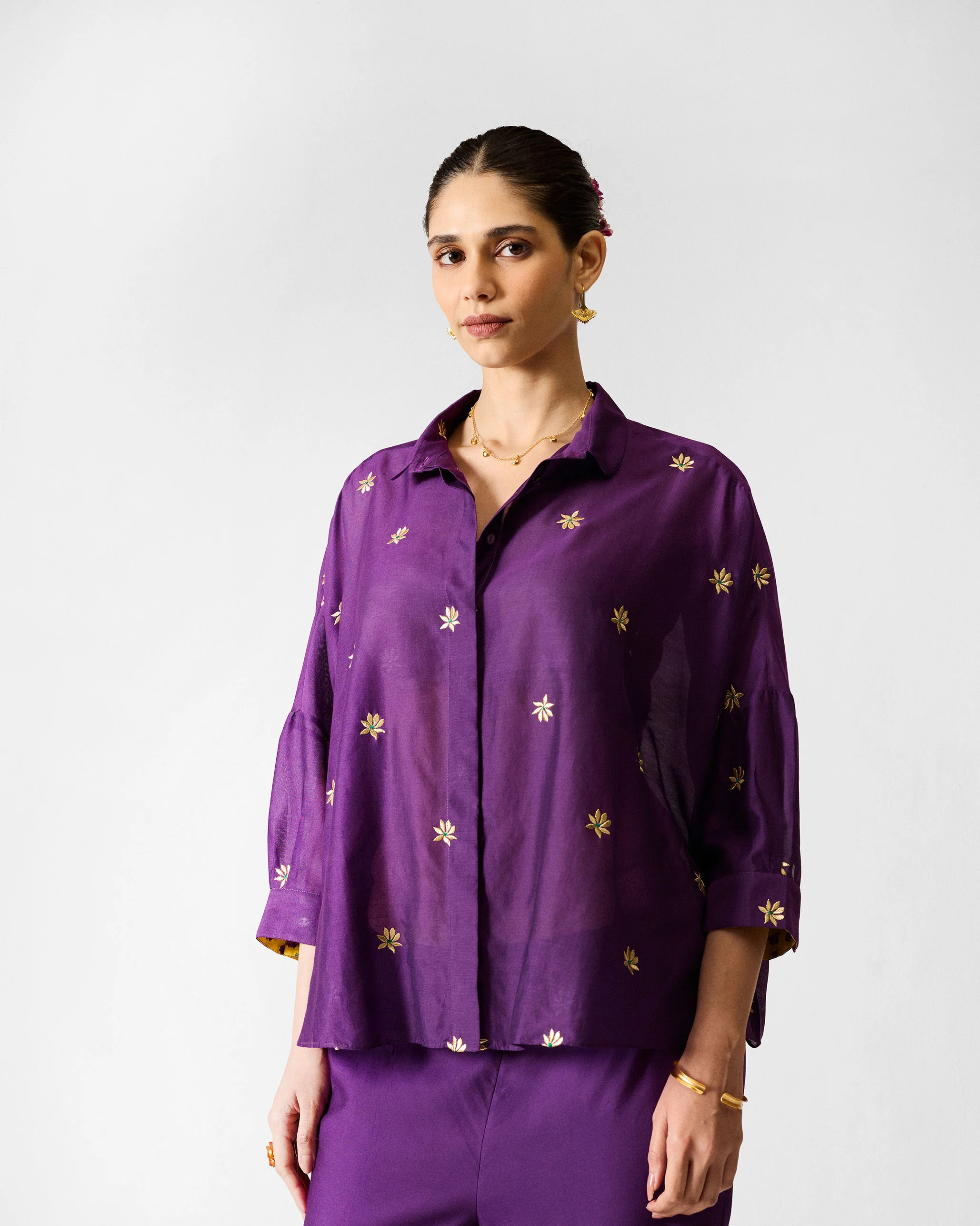 The Boxy Shirt Set - Purple & Gold Embroidered - Image 2