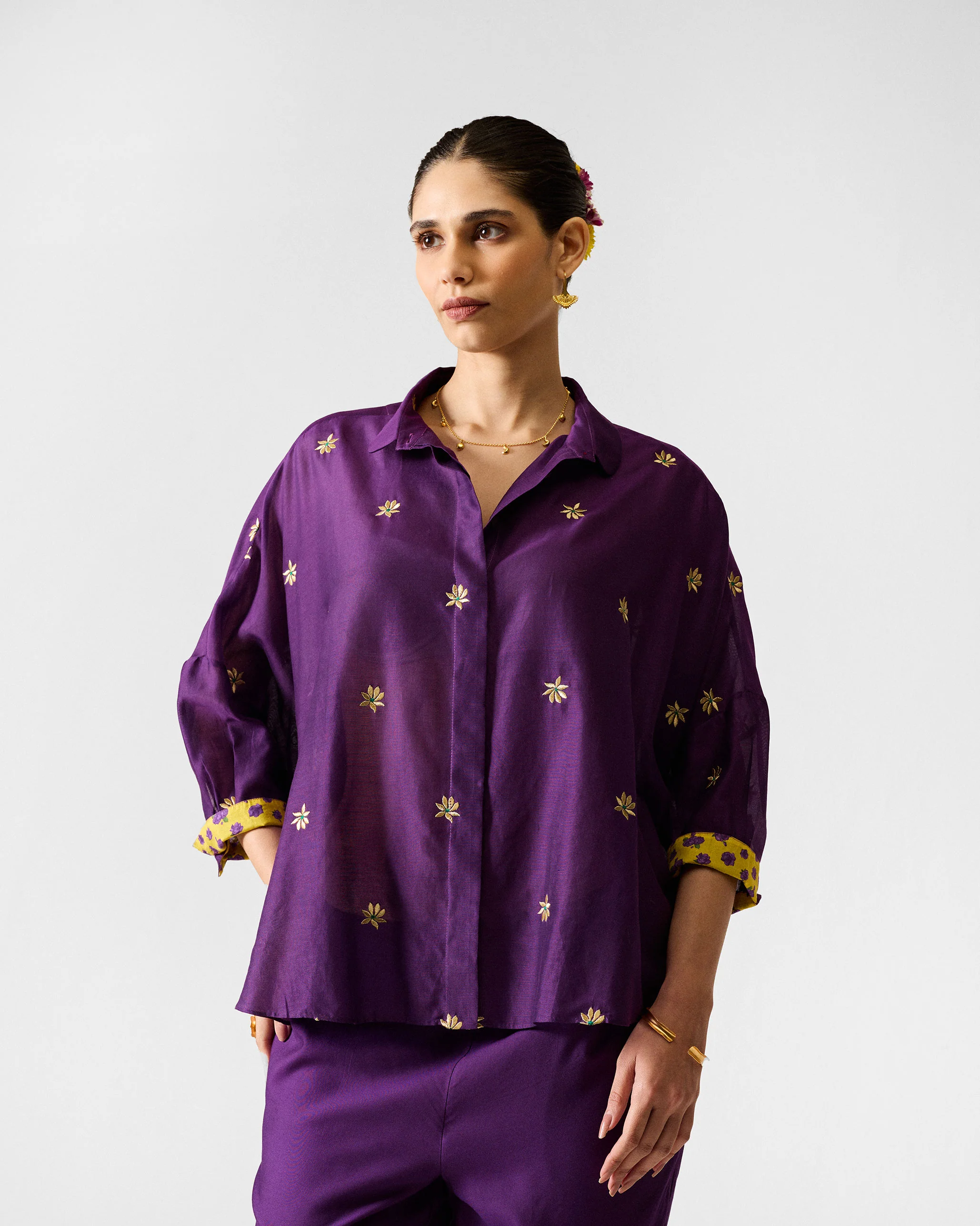The Boxy Shirt Set - Purple & Gold Embroidered - Image 5