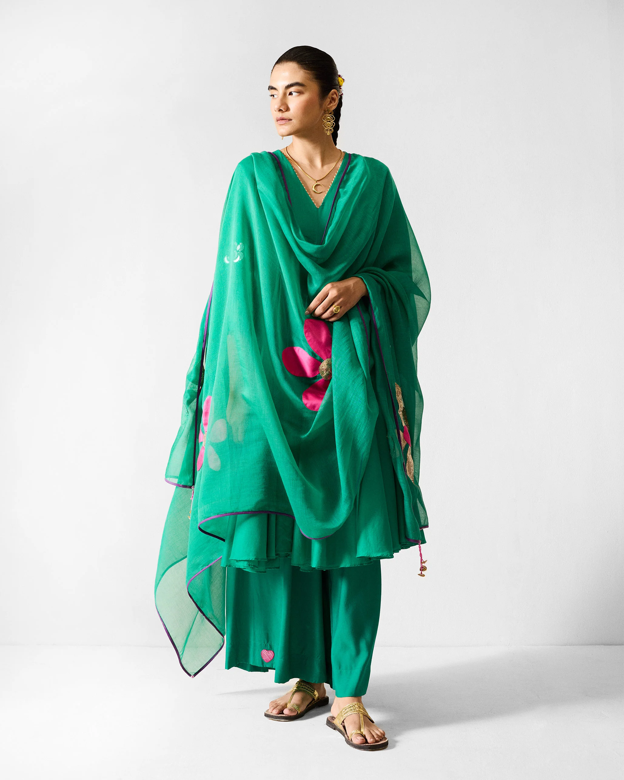 The Gusset Long Kurta Set - Green - Image 5
