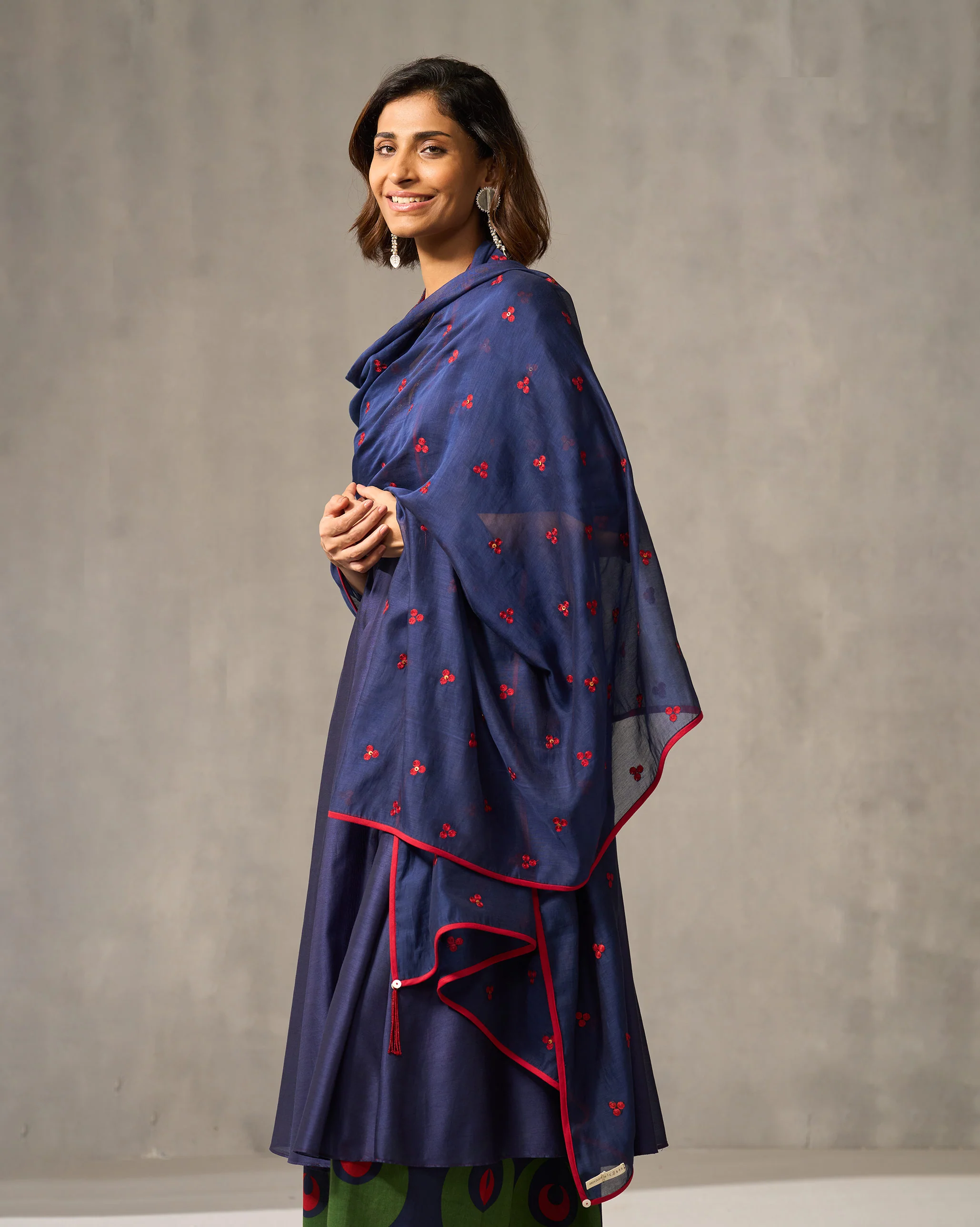 Twilight Dupatta - Navy & Red Embroidered - Image 3