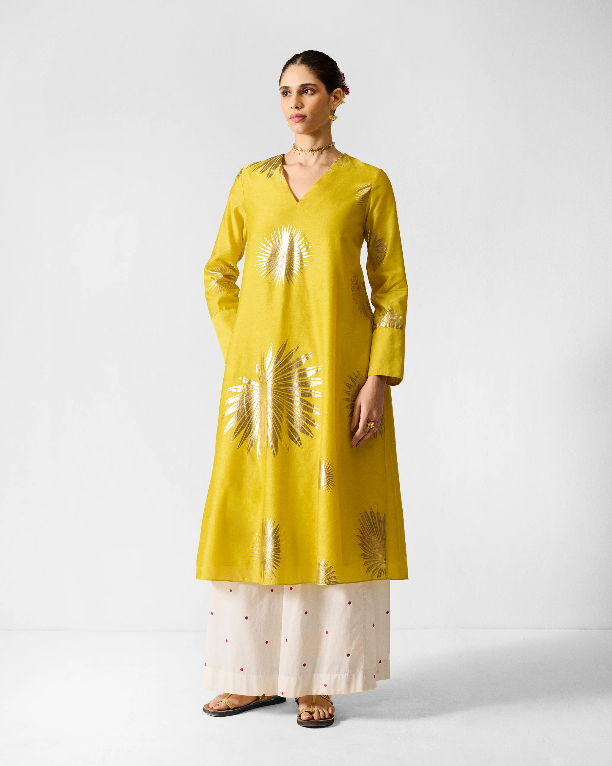 V-Neck Flared Kurta - Chartreuse & Gold Printed - Image 3