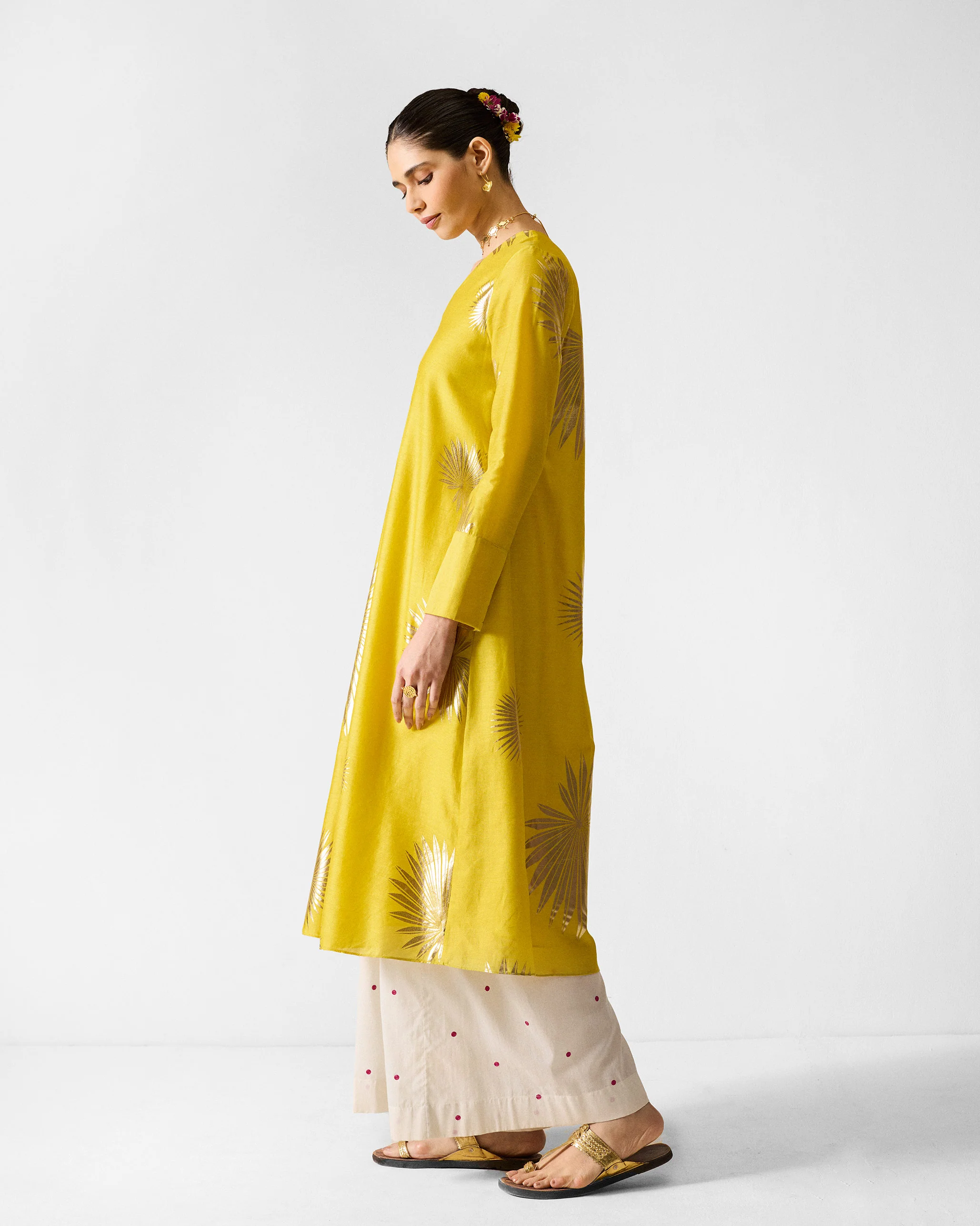 V-Neck Flared Kurta - Chartreuse & Gold Printed - Image 4