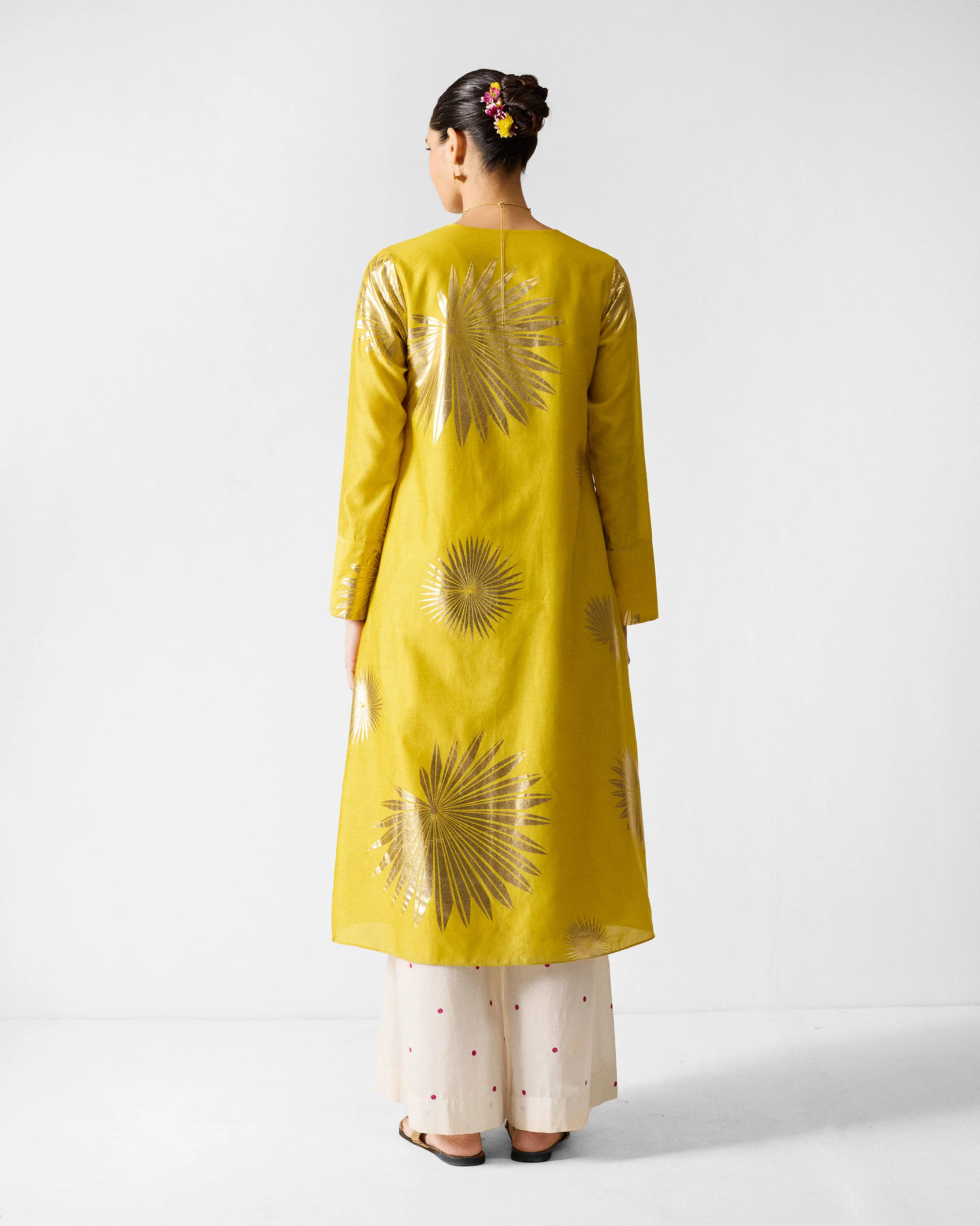 V-Neck Flared Kurta - Chartreuse & Gold Printed - Image 5