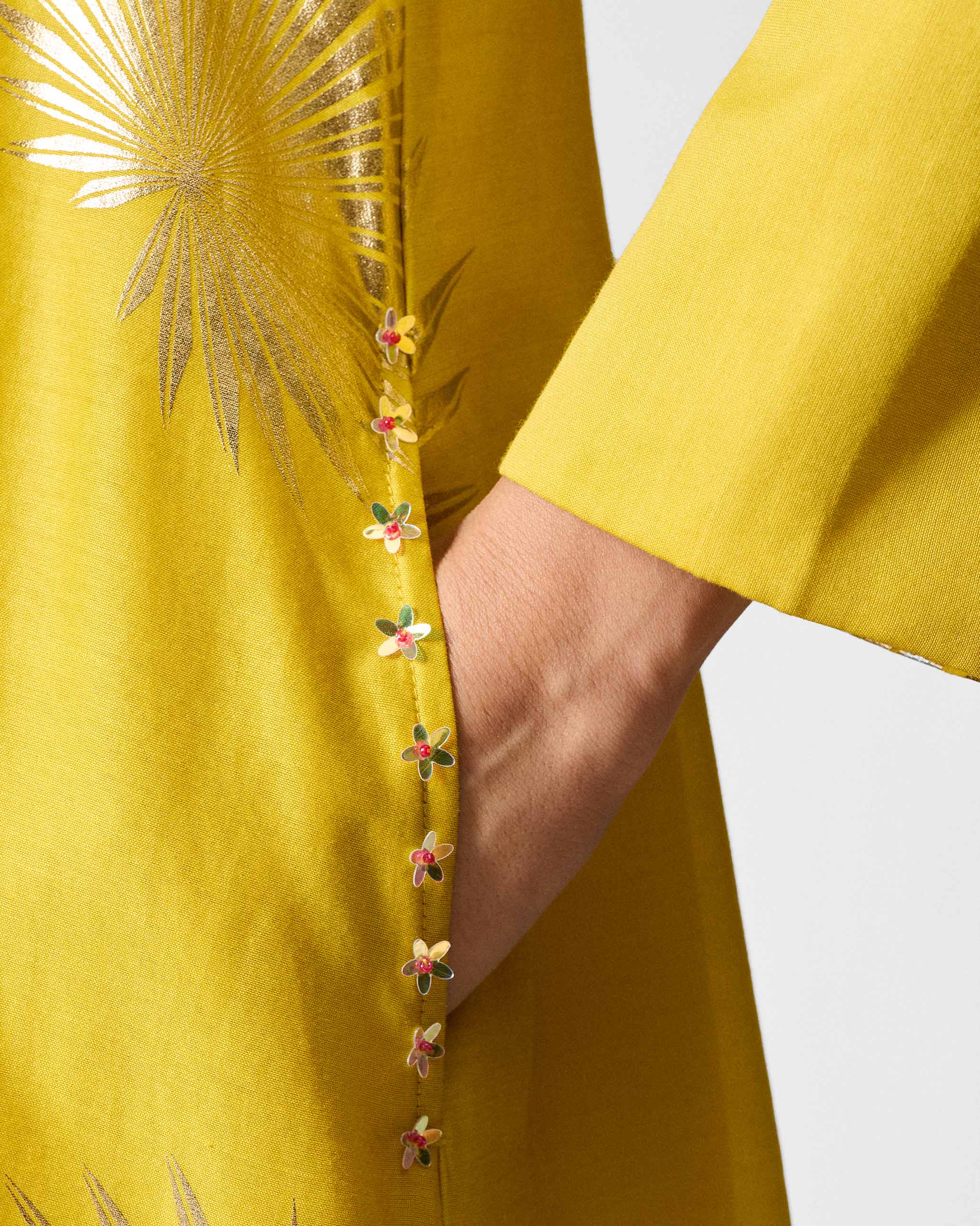 V-Neck Flared Kurta - Chartreuse & Gold Printed - Image 6