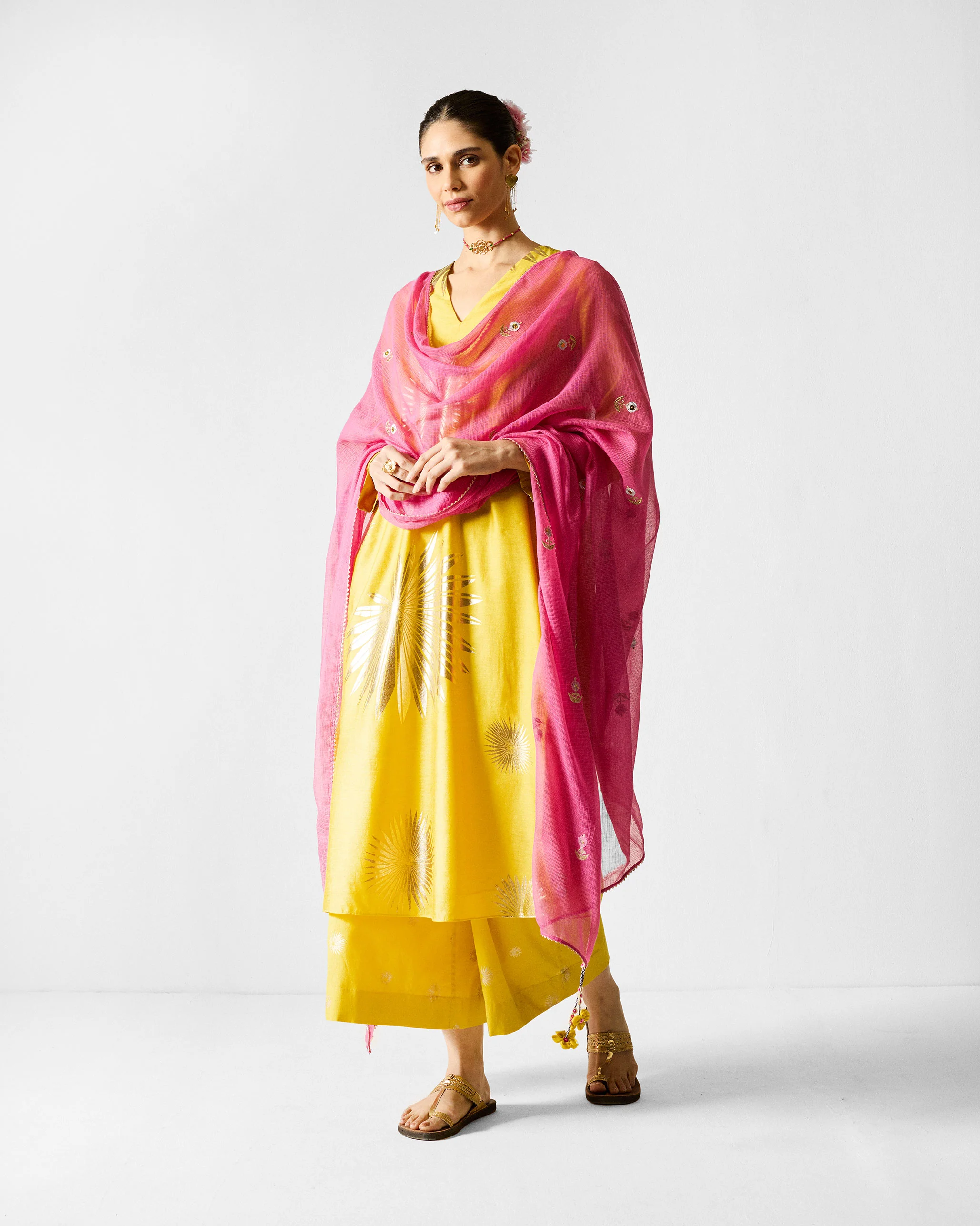 V-Neck Flared Kurta - Chartreuse & Gold Printed - Image 7