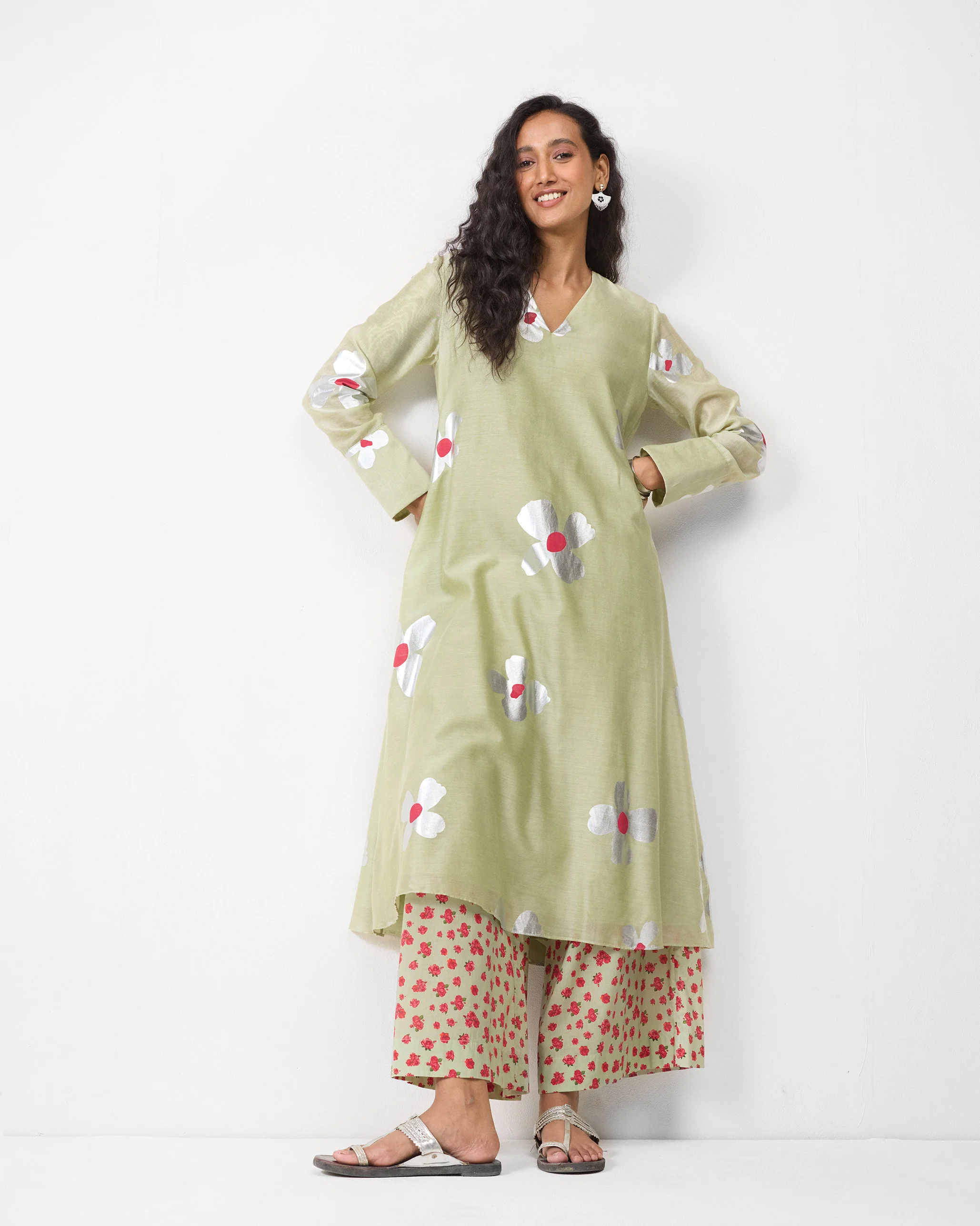 V-Neck Flared Kurta - Mint & Silver Print
