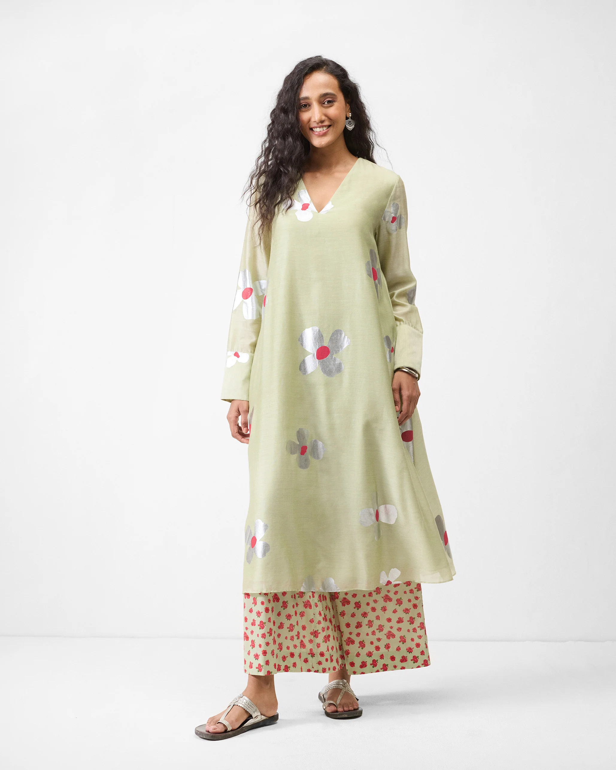 V-Neck Flared Kurta - Mint & Silver Print - Image 2