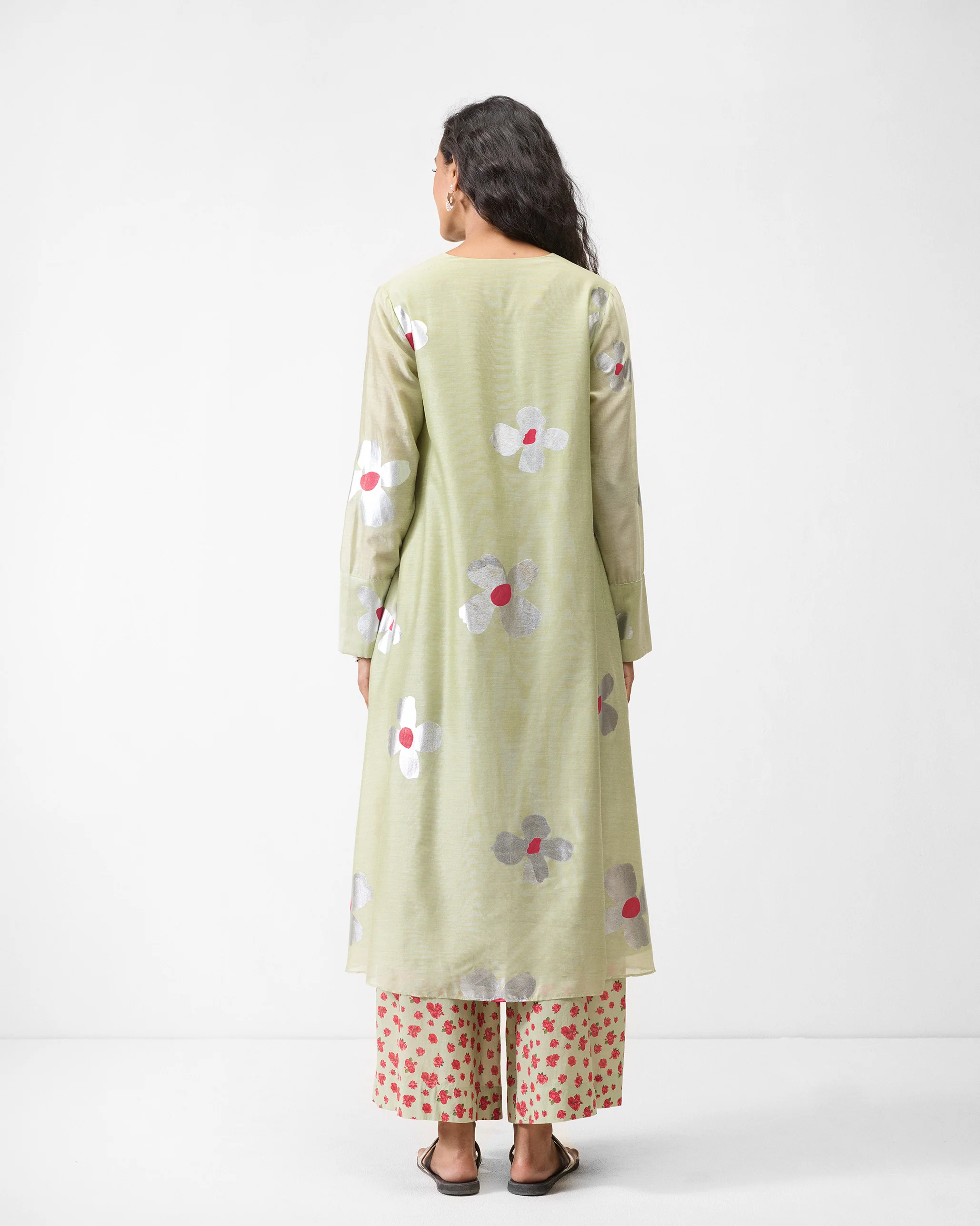 V-Neck Flared Kurta - Mint & Silver Print - Image 3