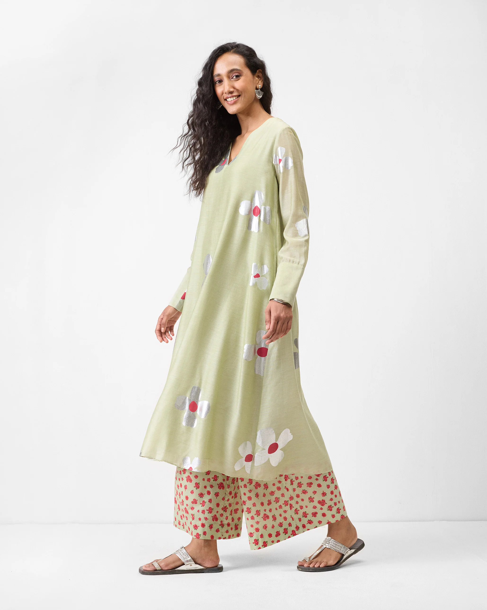 V-Neck Flared Kurta - Mint & Silver Print - Image 4
