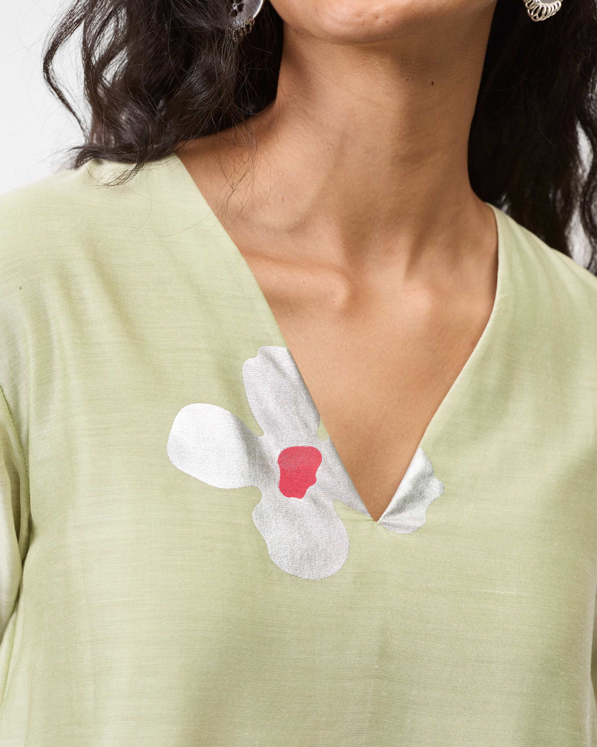 V-Neck Flared Kurta - Mint & Silver Print - Image 5