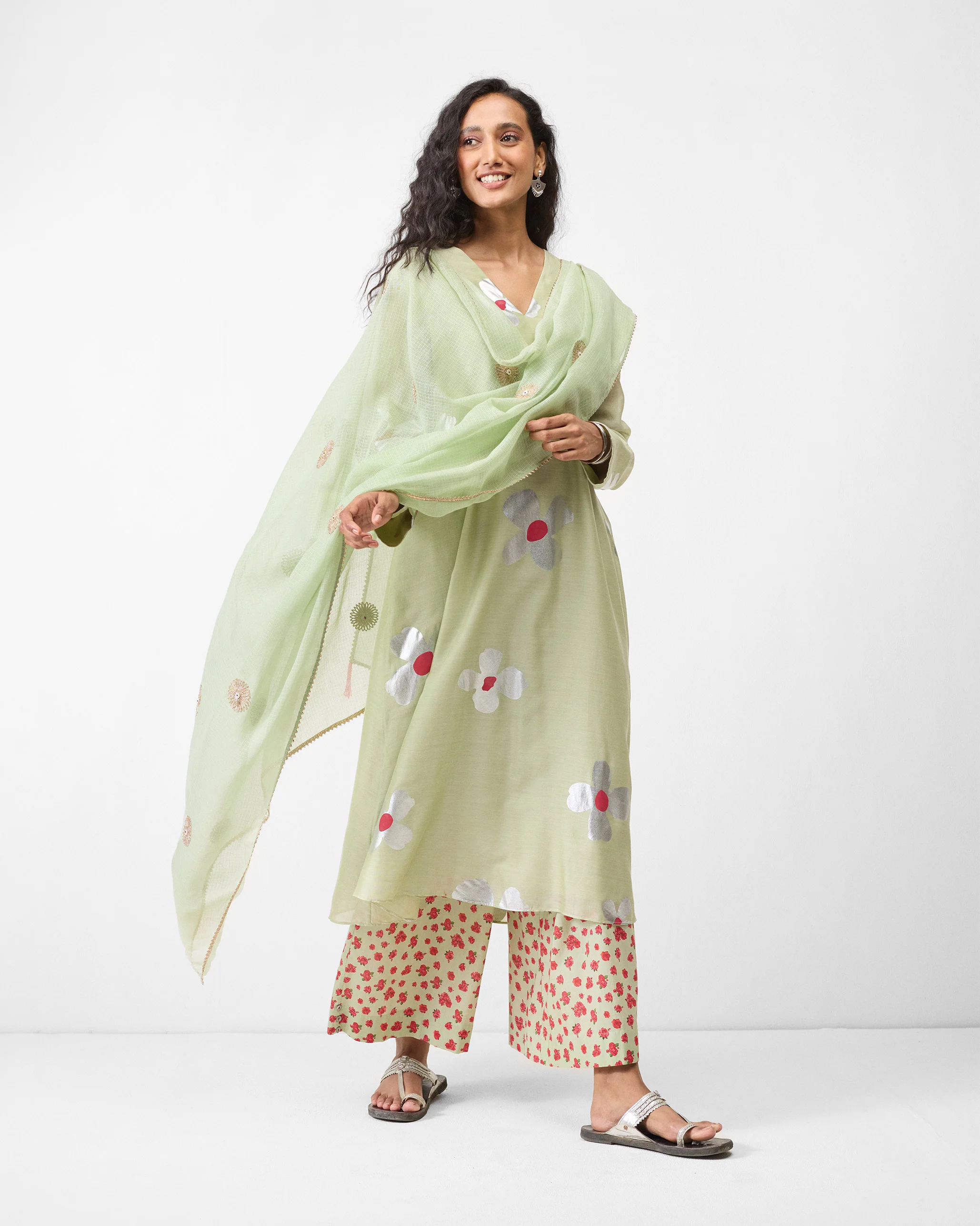 V-Neck Flared Kurta - Mint & Silver Print - Image 6