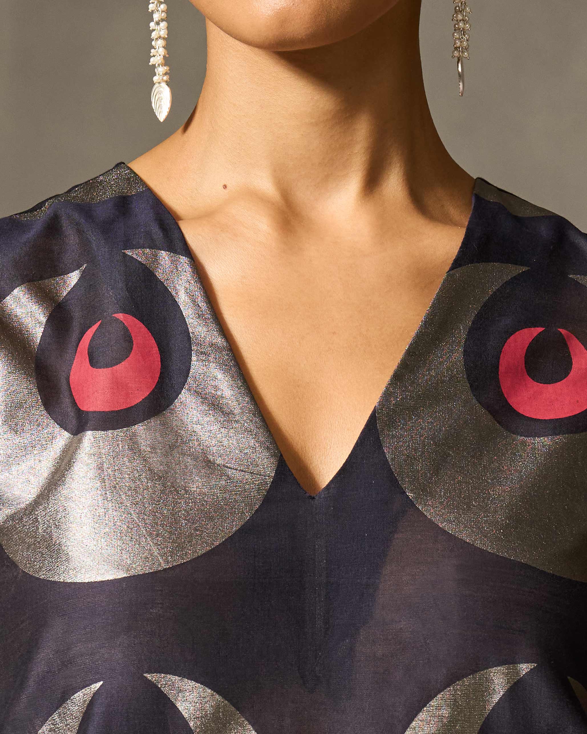 V-Neck Flared Kurta - Navy & Foil Print - Image 3