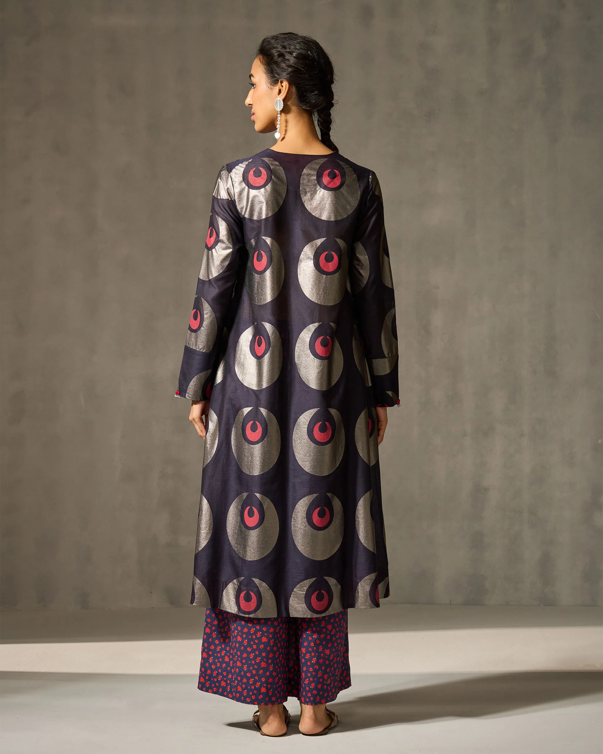 V-Neck Flared Kurta - Navy & Foil Print - Image 4