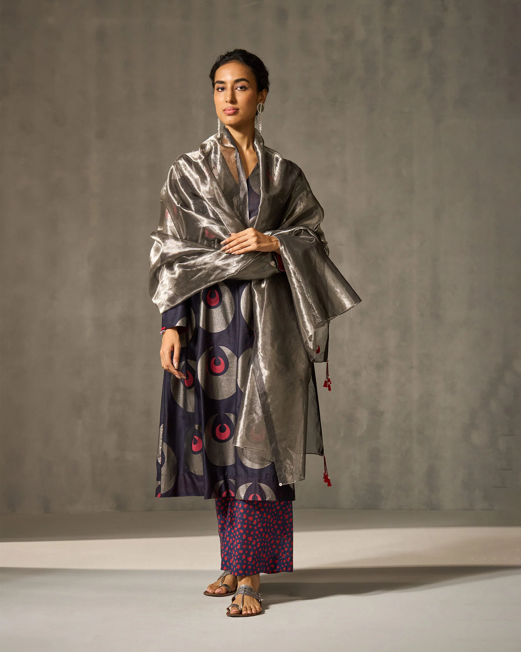 V-Neck Flared Kurta - Navy & Foil Print - Image 6