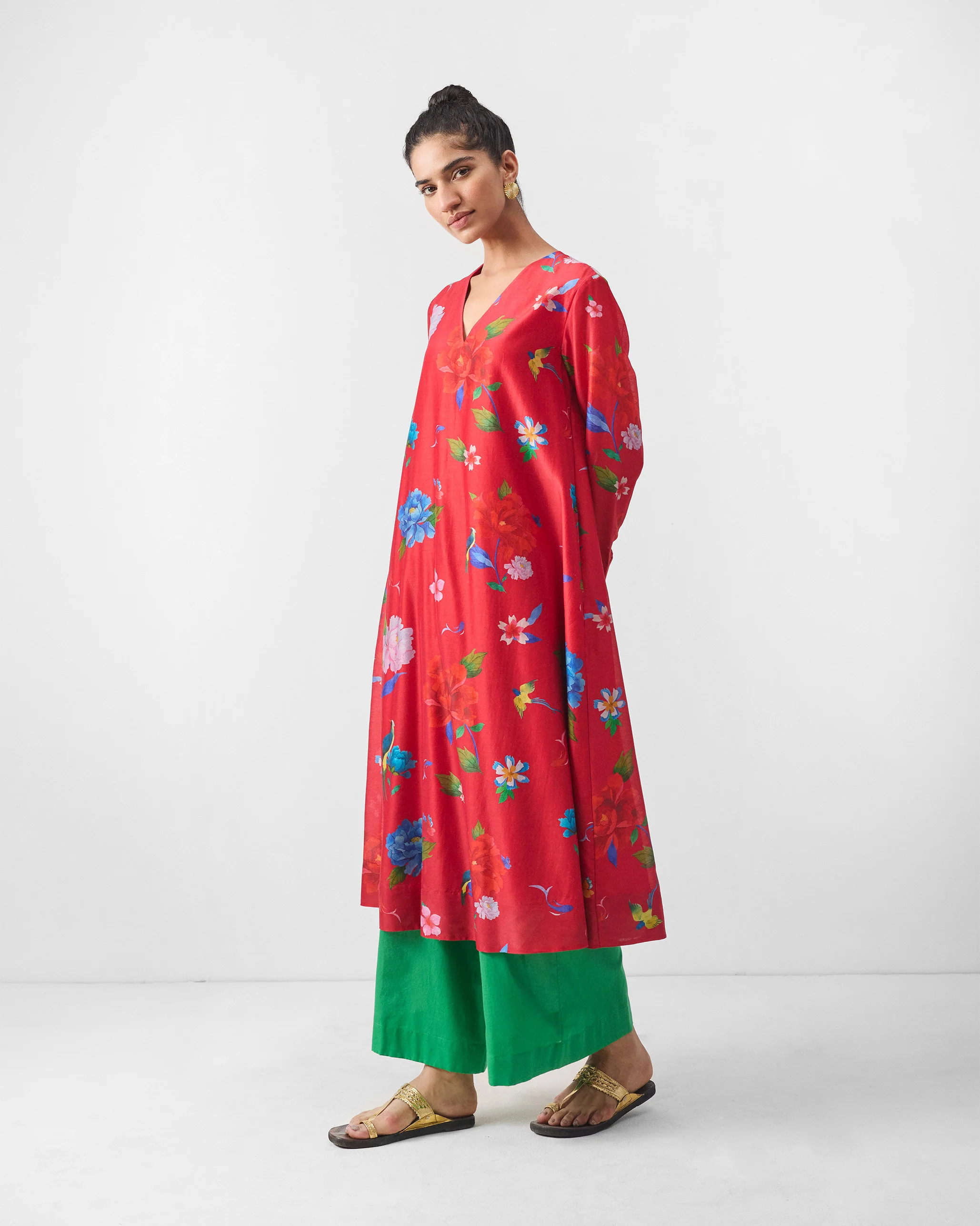 V-Neck Flared Kurta - Red Print - Image 2