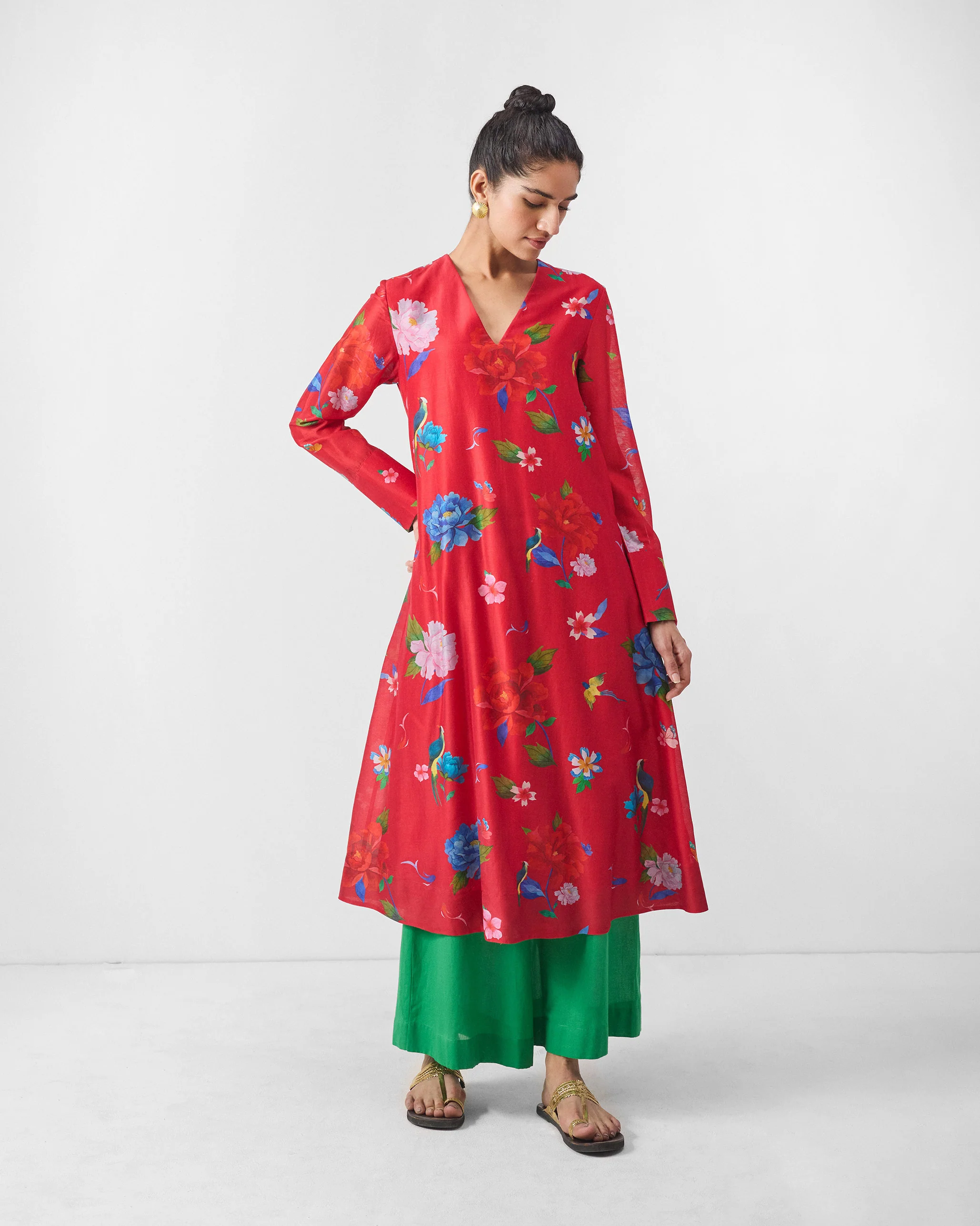 V-Neck Flared Kurta - Red Print - Image 3